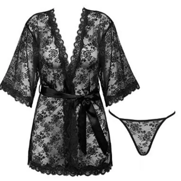 Amorbella Women Lace Babydoll Lingerie Kimono Set