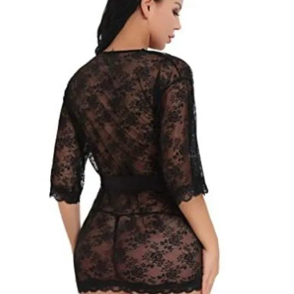 Amorbella Women Lace Babydoll Lingerie Kimono Set
