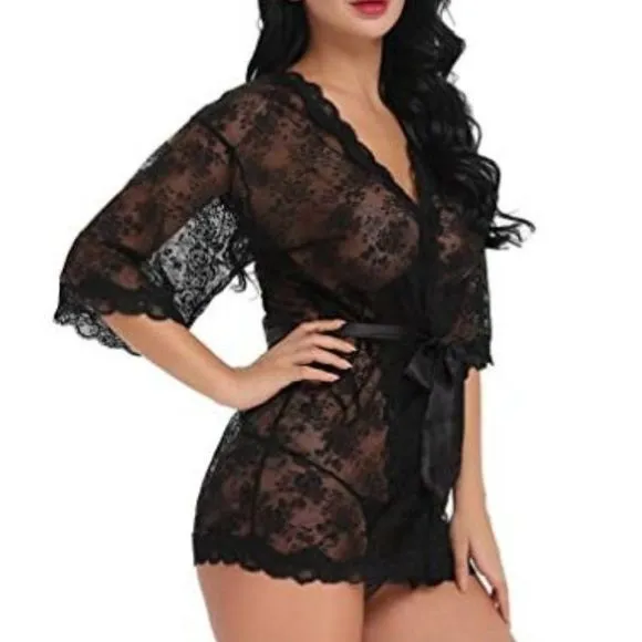Amorbella Women Lace Babydoll Lingerie Kimono Set