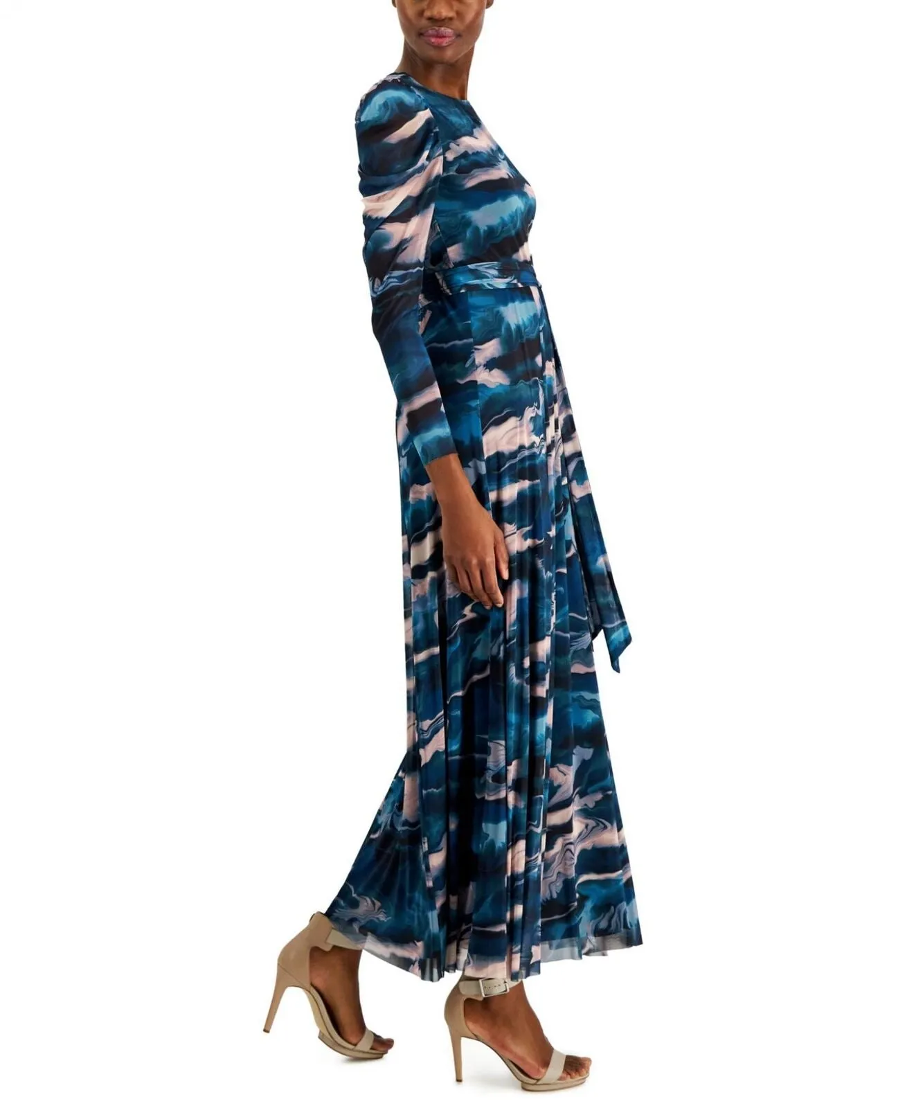 Anne Klein Women's Printed Puff-Sleeve Maxi Dress 10856417 Blue Ocean Multi S