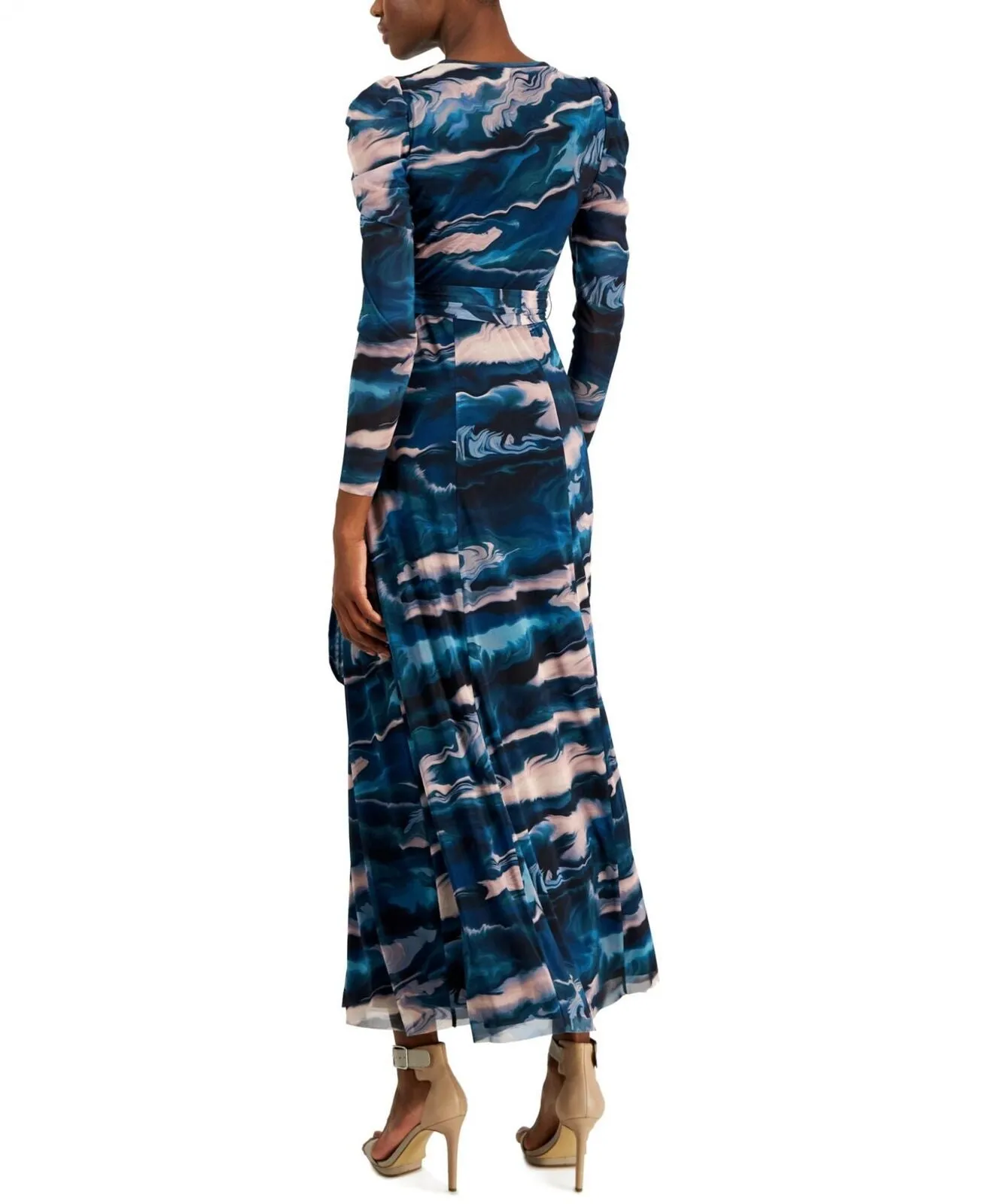 Anne Klein Women's Printed Puff-Sleeve Maxi Dress 10856417 Blue Ocean Multi S