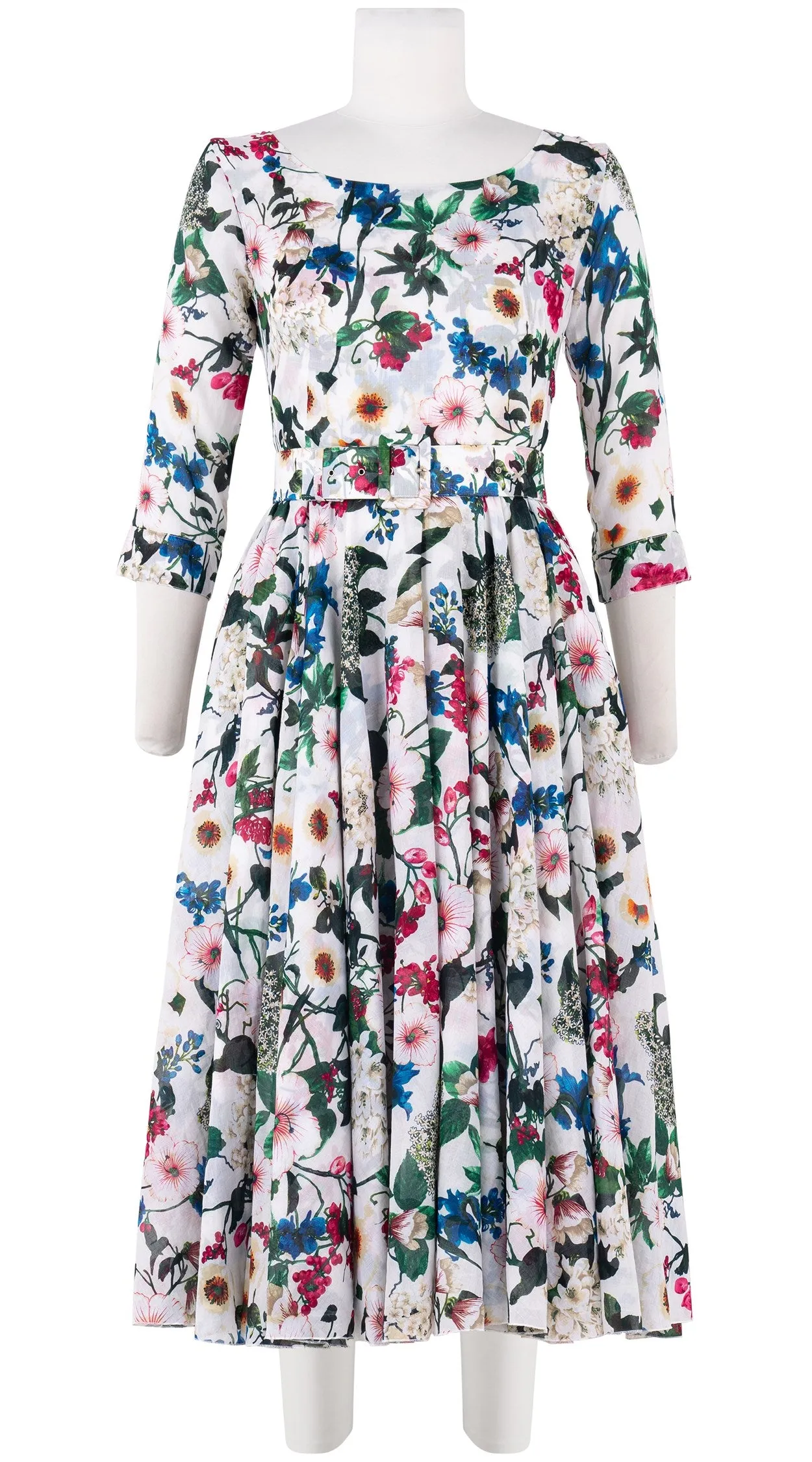 Aster Dress Boat Neck 3/4 Sleeve Midi Length Cotton Musola (Florentine Flowers Small)