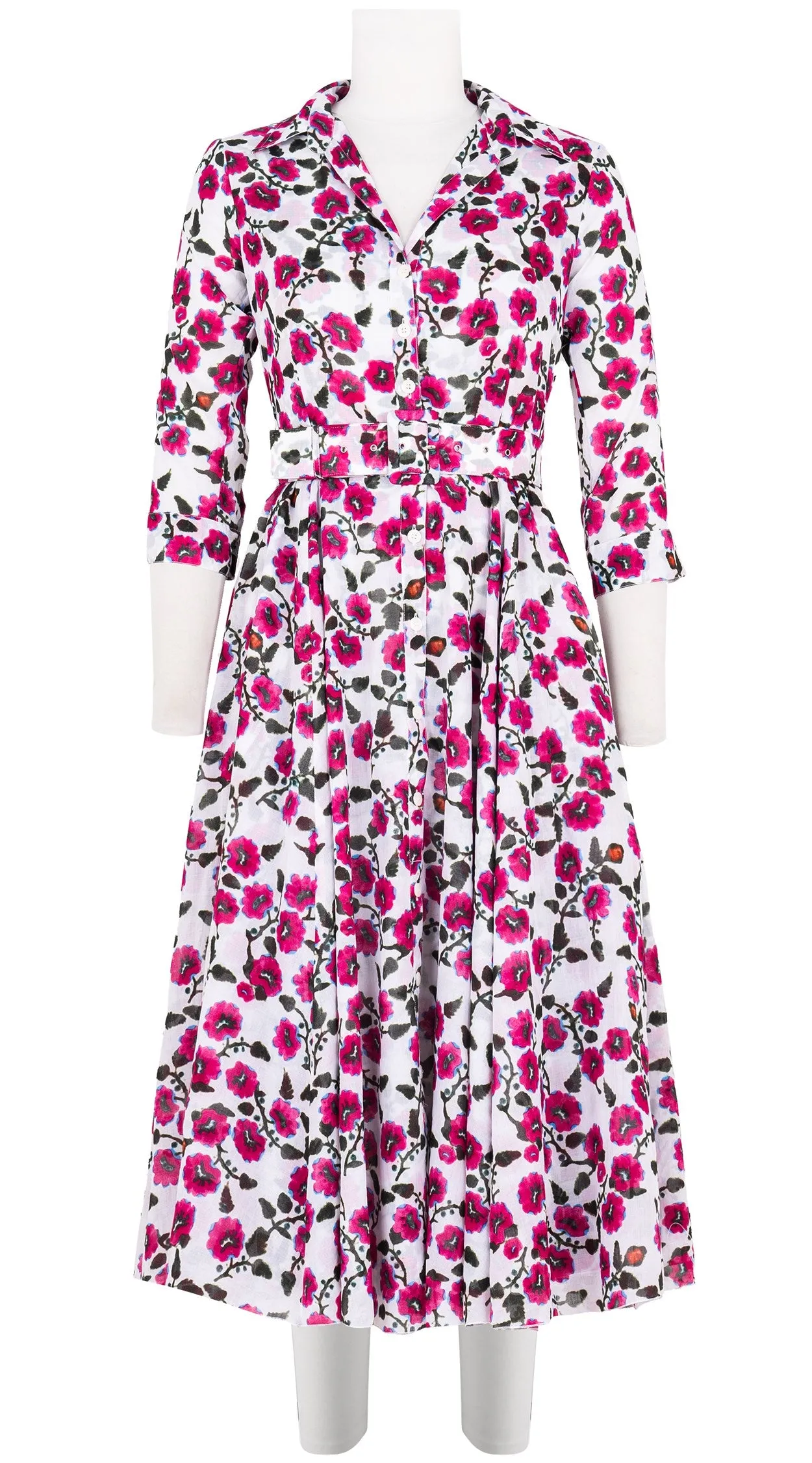 Aster Dress Shirt Collar 3/4 Sleeve Midi Length Cotton Musola (Azalea Flower Small)