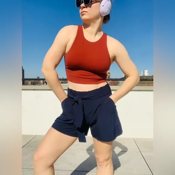 Athleta High Waist Navy Blue Pull Up Shorts Effortless Style Classy Meets Sporty