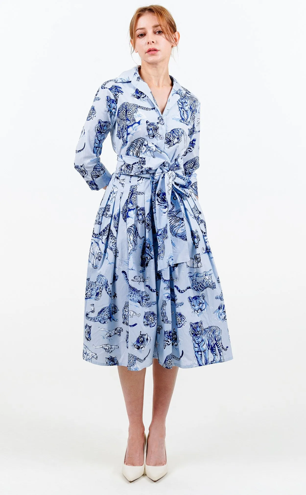 Audrey Dress #2 Shirt Collar 3/4 Sleeve Long Length Cotton Stretch (Tiger Toile Small)
