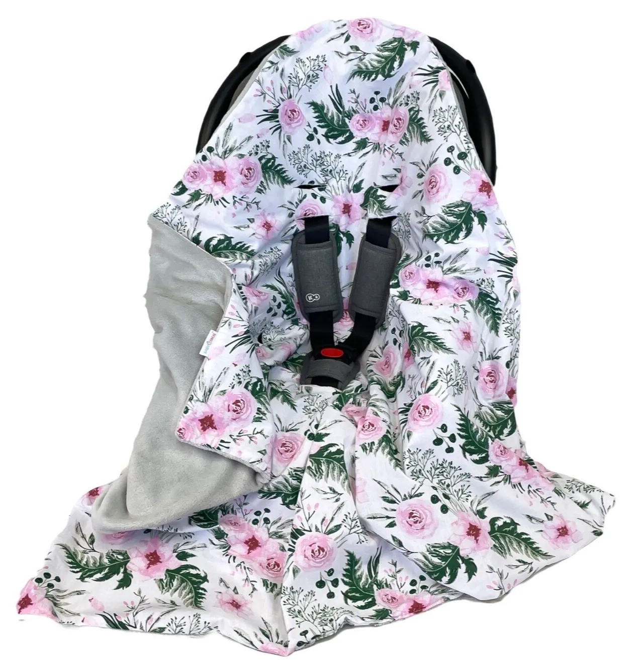 Baby Car Seat Blanket Reversible Wrap Double Sided 100x100 Grey/Garden Flowers