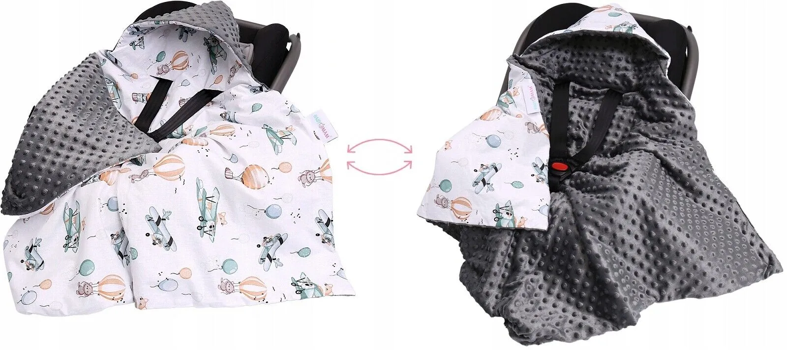 Baby Car Seat Hooded Blanket Double-sided GRAPHITE/ Dreamy Flight