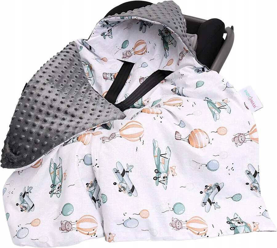 Baby Car Seat Hooded Blanket Double-sided GRAPHITE/ Dreamy Flight