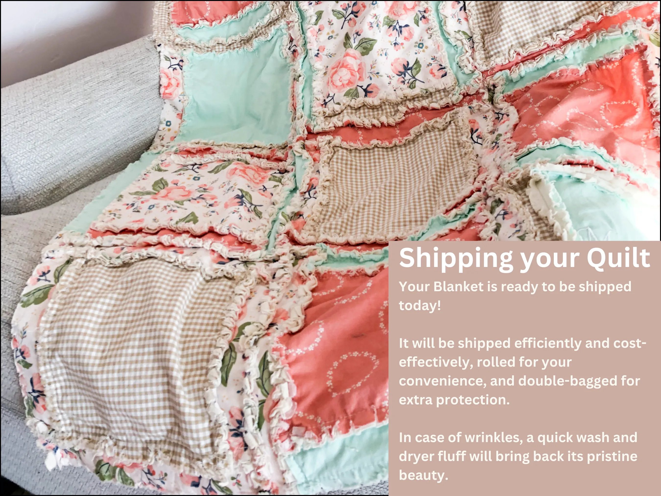 Baby Girl Boho Crib Bedding | Coral Pink Floral, Tan, and Mint Green Rag Quilt