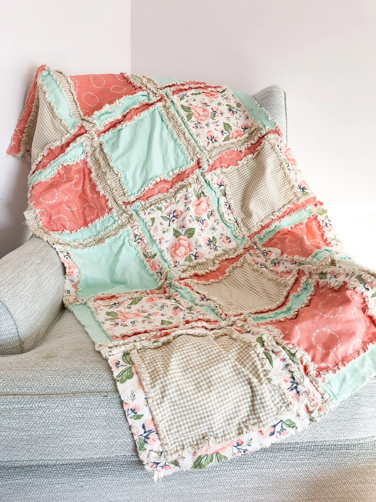 Baby Girl Boho Crib Bedding | Coral Pink Floral, Tan, and Mint Green Rag Quilt
