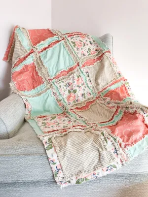 Baby Girl Boho Crib Bedding | Coral Pink Floral, Tan, and Mint Green Rag Quilt
