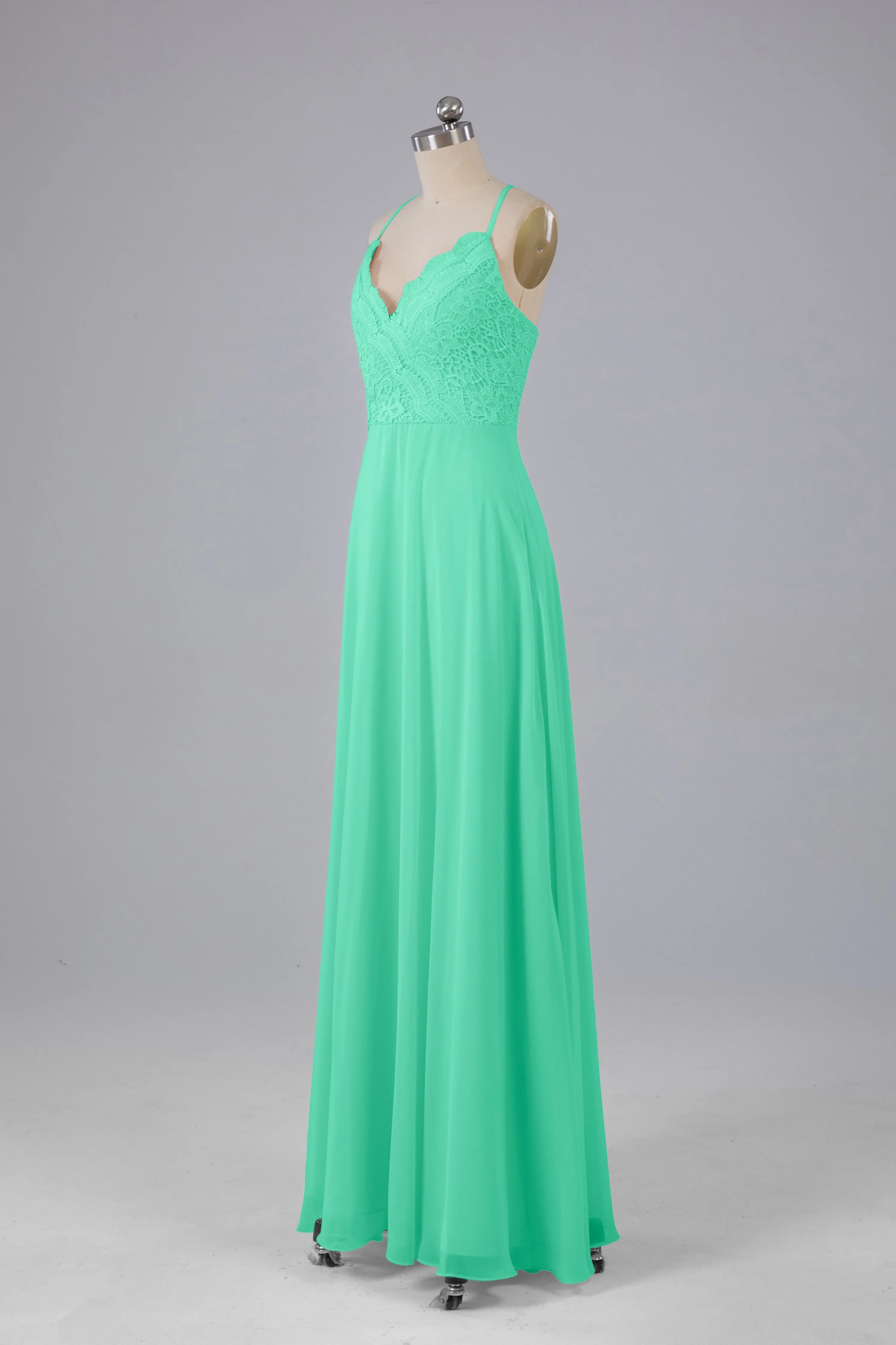 Backless Spaghetti Straps Lace Bridesmaid Dresses