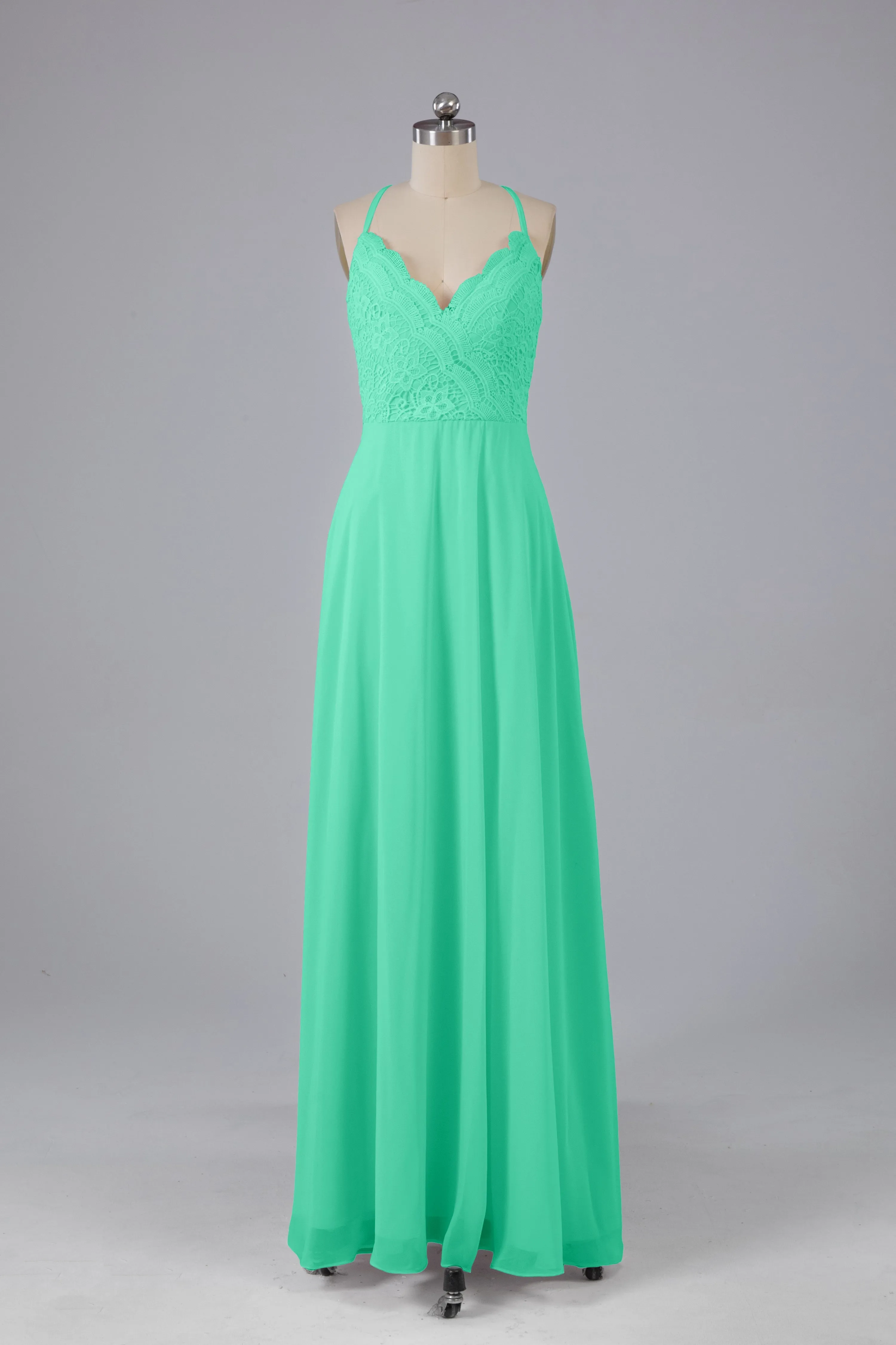 Backless Spaghetti Straps Lace Bridesmaid Dresses