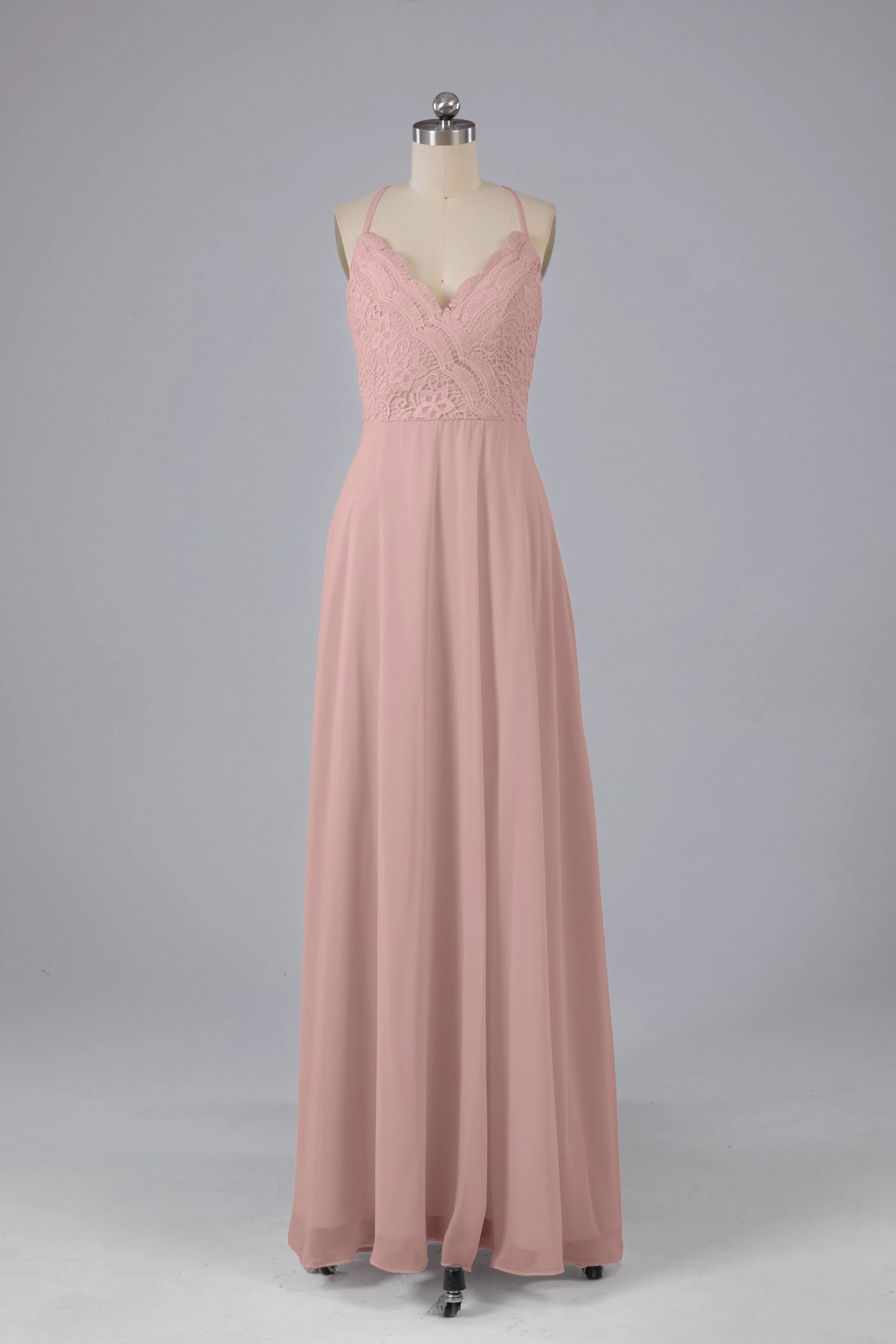 Backless Spaghetti Straps Lace Bridesmaid Dresses