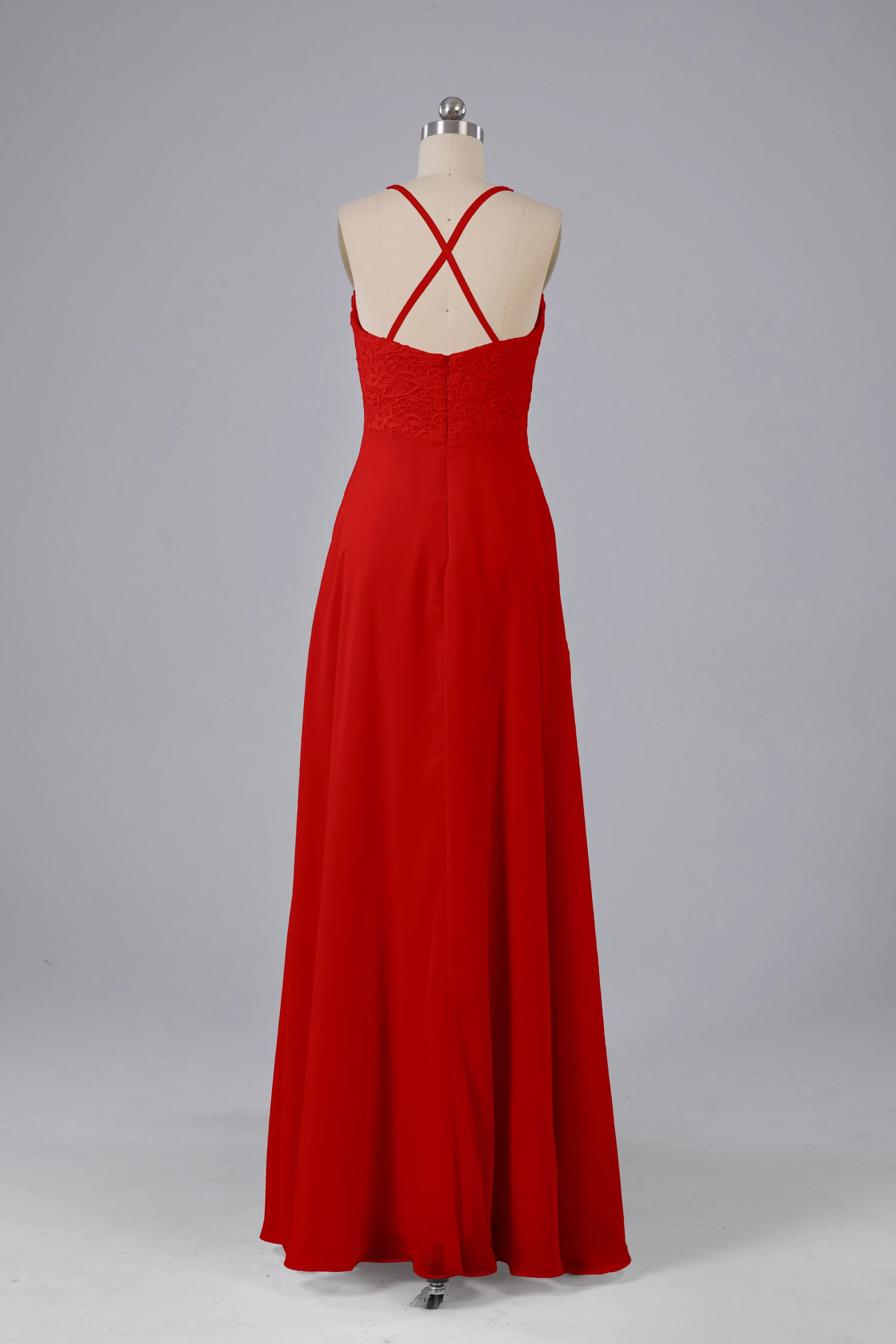 Backless Spaghetti Straps Lace Bridesmaid Dresses