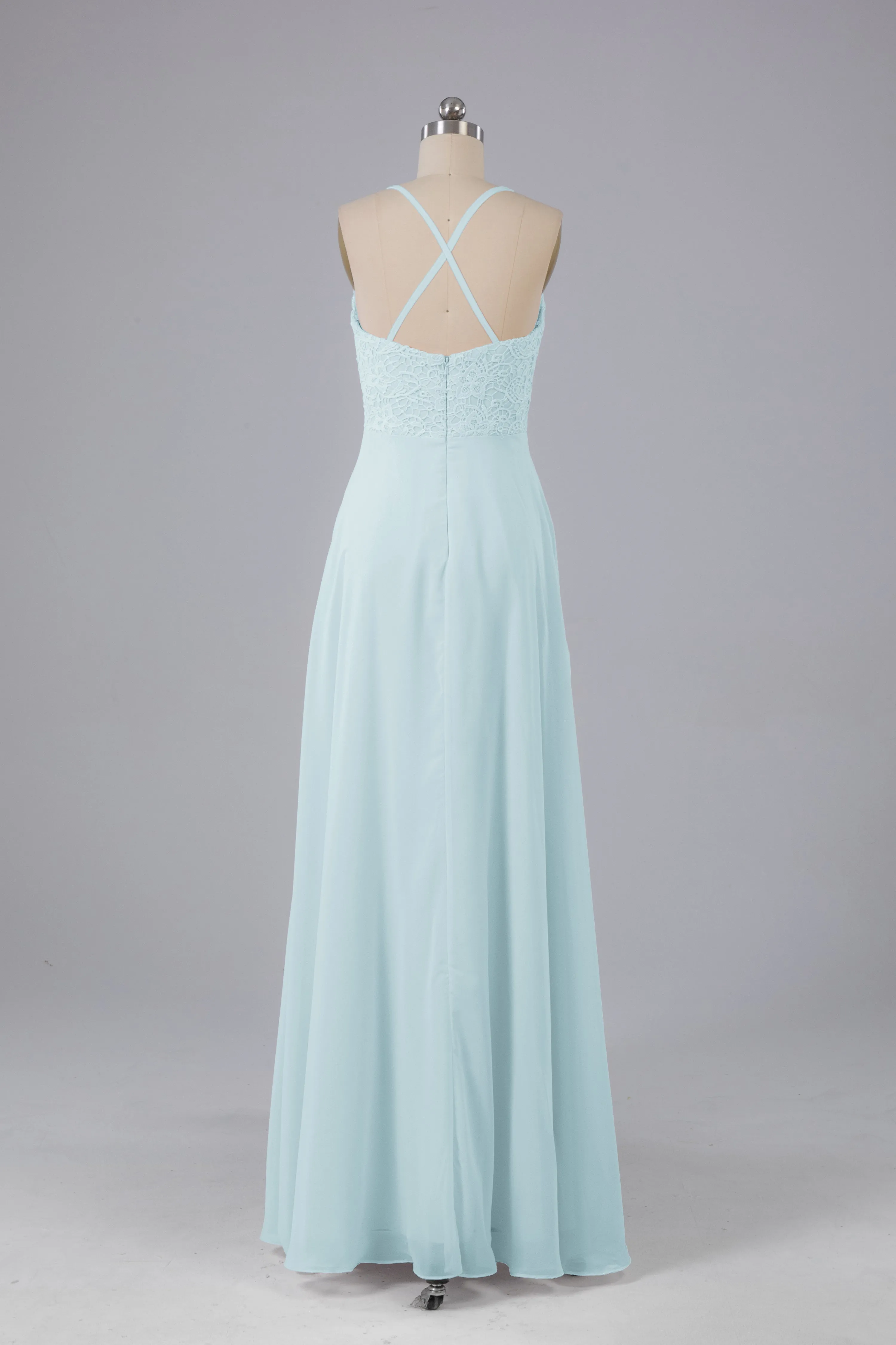Backless Spaghetti Straps Lace Bridesmaid Dresses