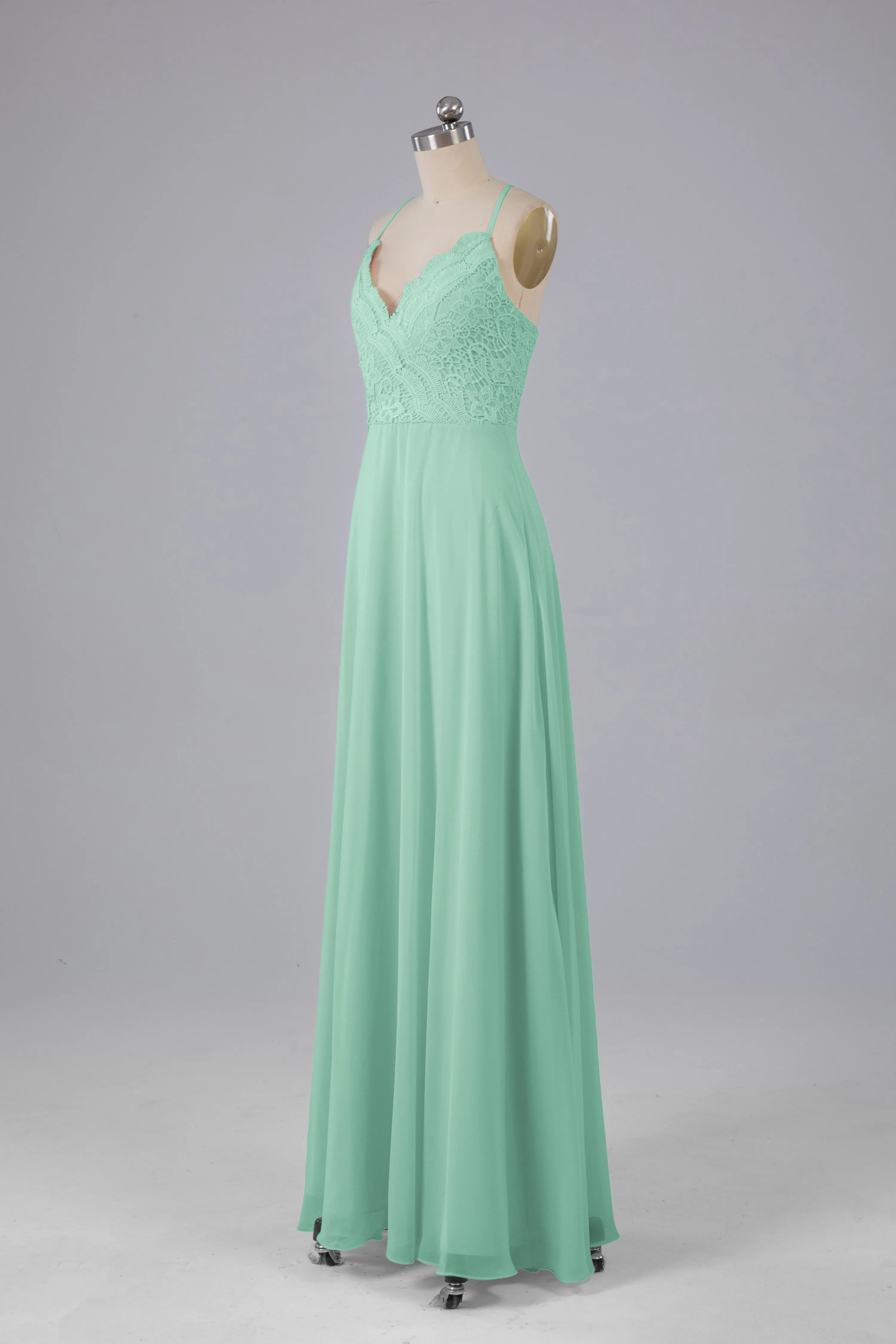 Backless Spaghetti Straps Lace Bridesmaid Dresses