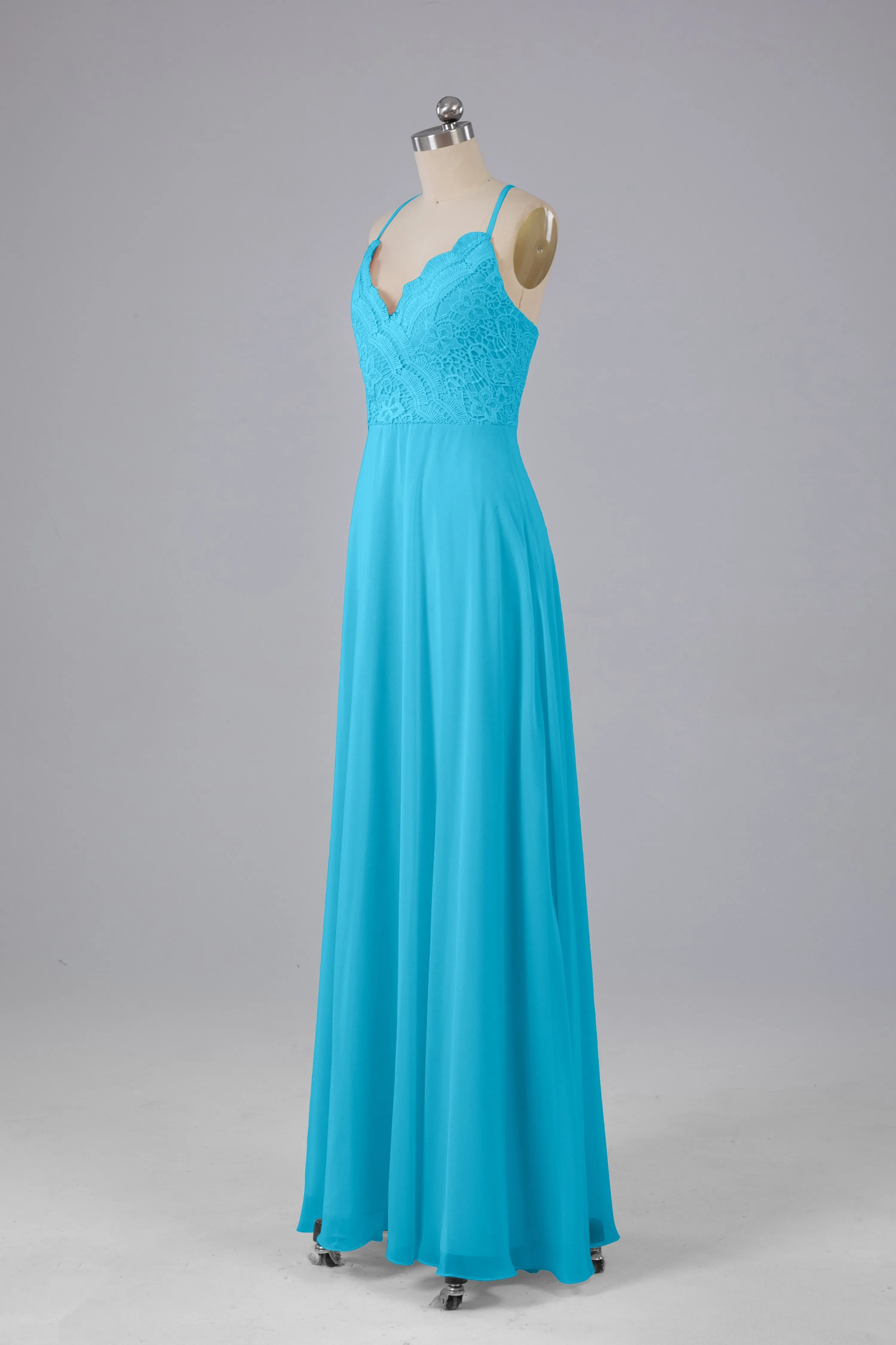 Backless Spaghetti Straps Lace Bridesmaid Dresses