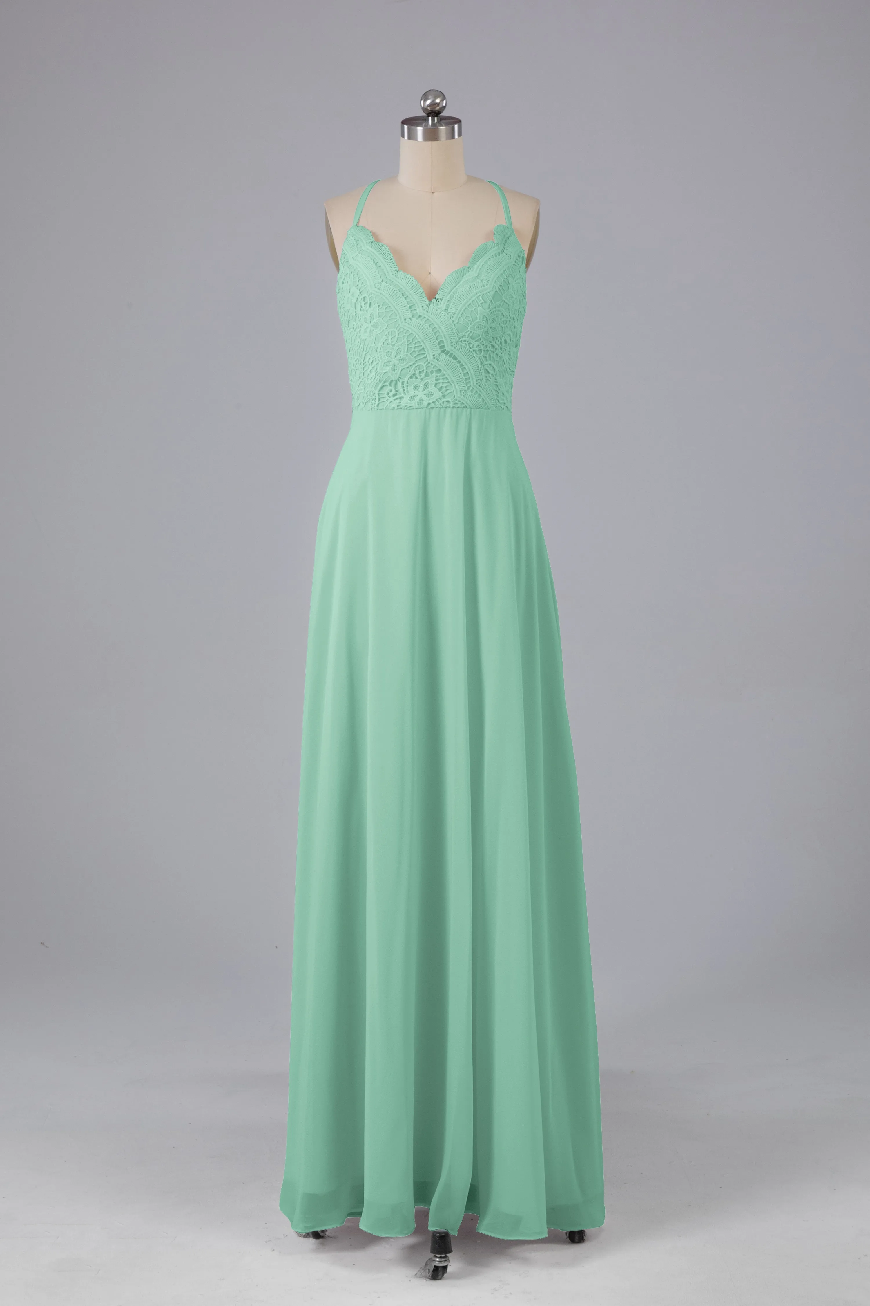 Backless Spaghetti Straps Lace Bridesmaid Dresses