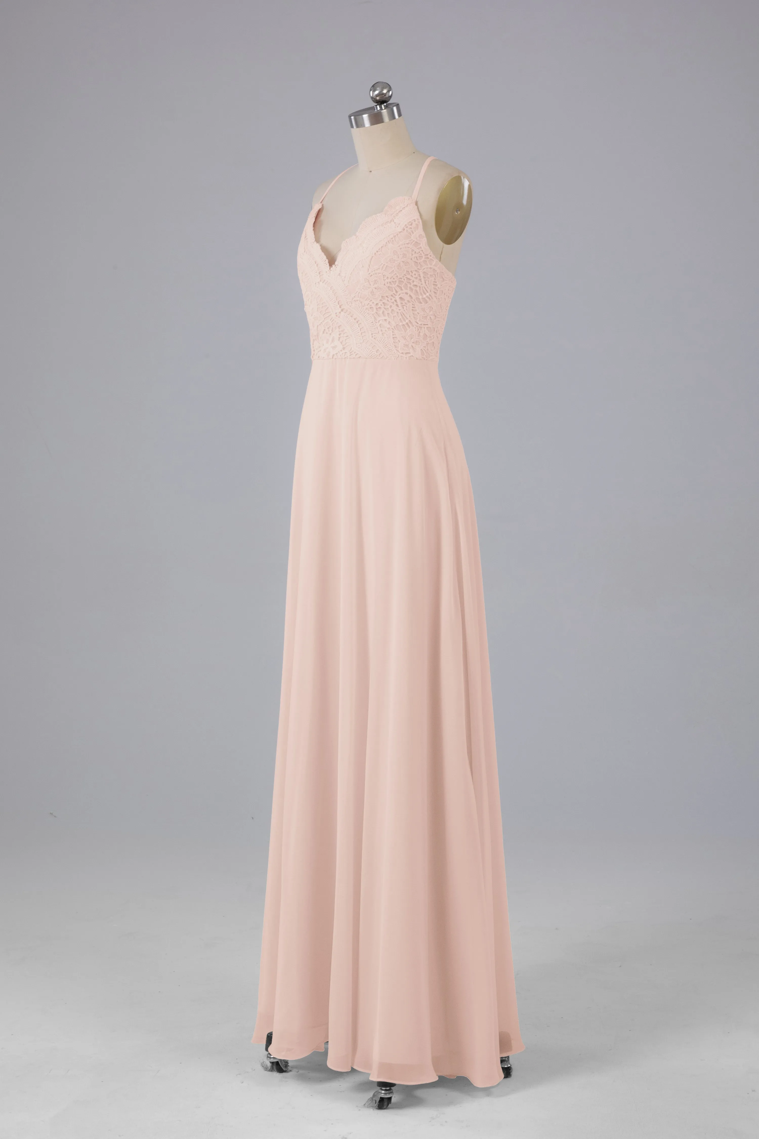 Backless Spaghetti Straps Lace Bridesmaid Dresses
