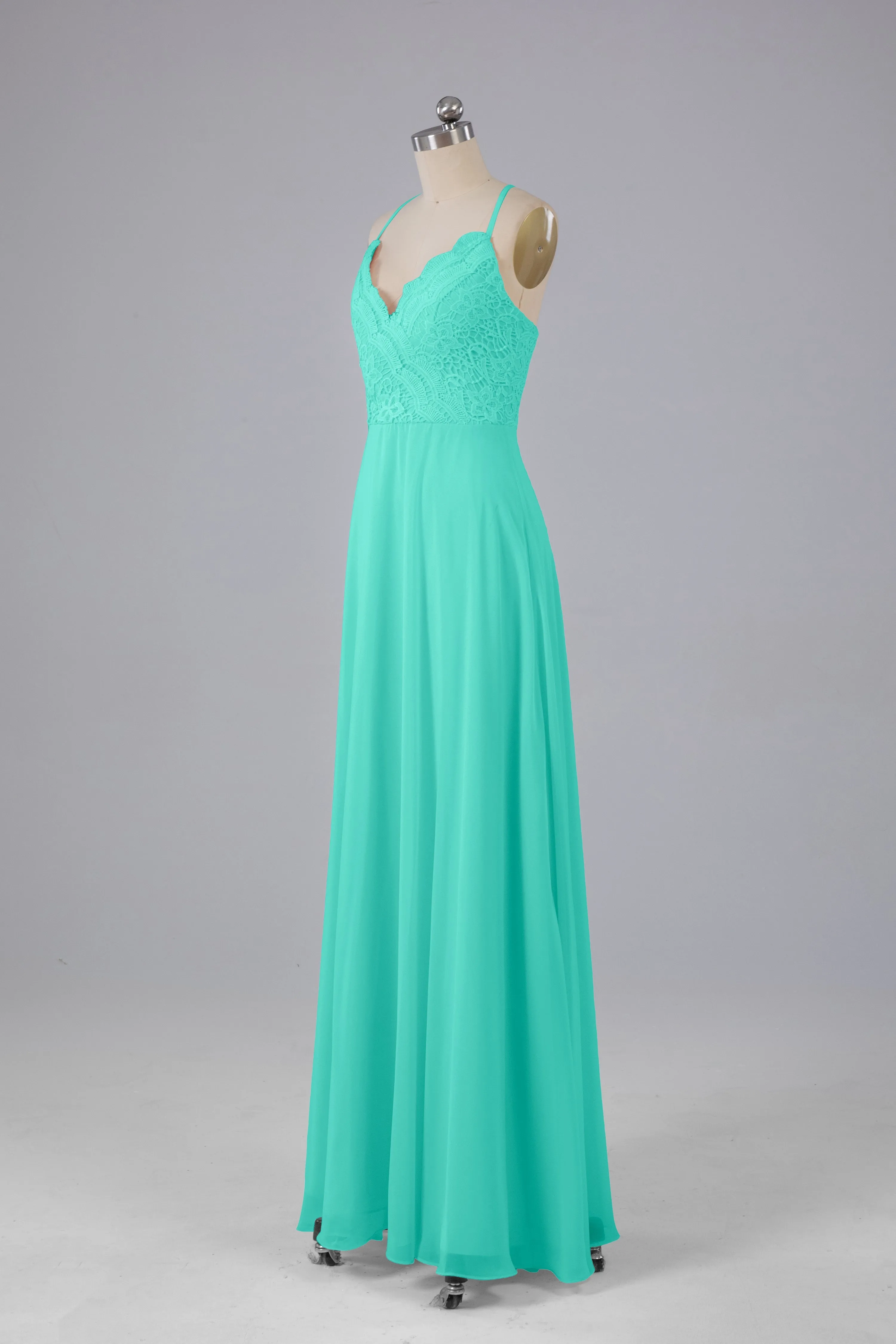 Backless Spaghetti Straps Lace Bridesmaid Dresses
