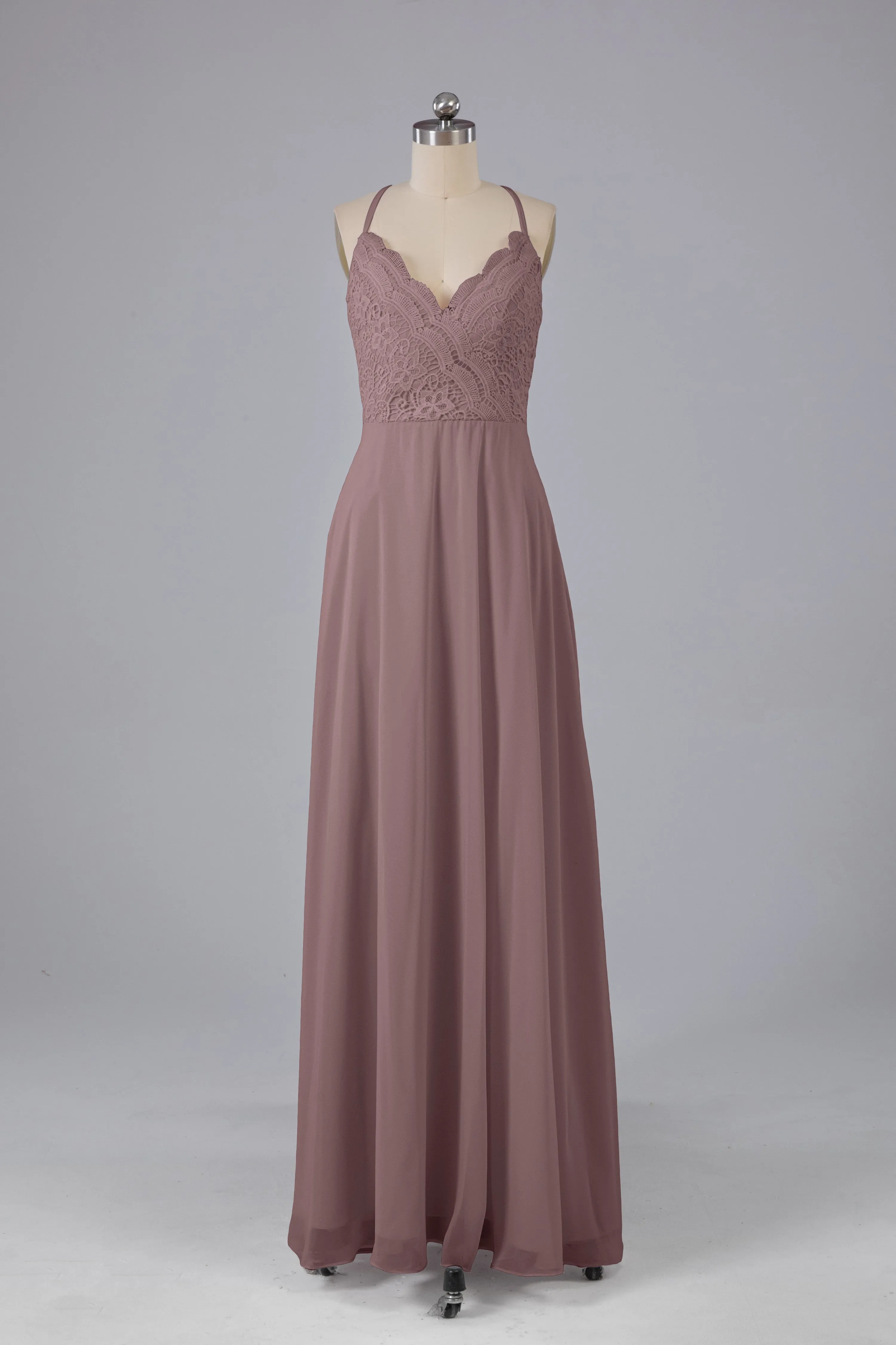 Backless Spaghetti Straps Lace Bridesmaid Dresses