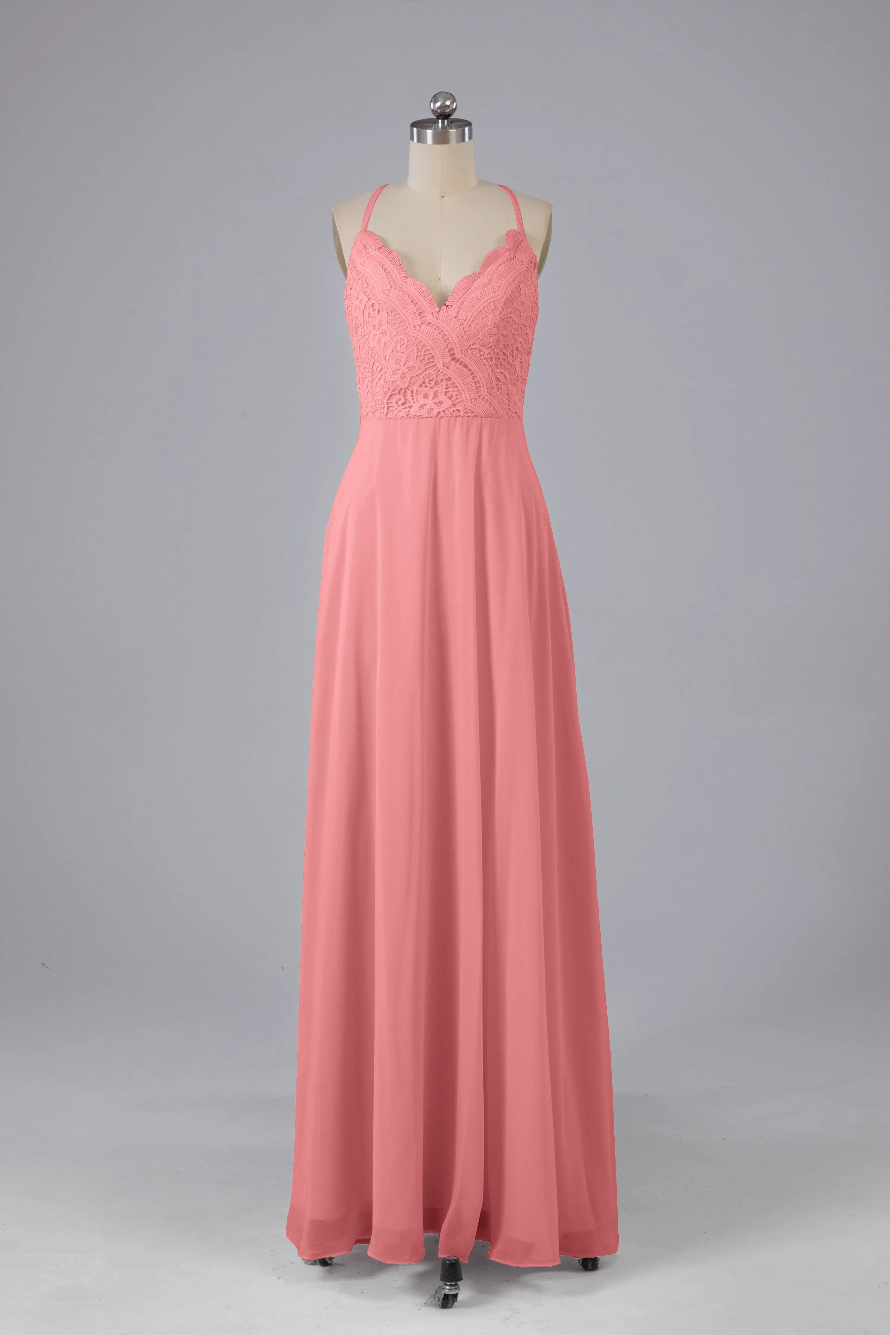 Backless Spaghetti Straps Lace Bridesmaid Dresses