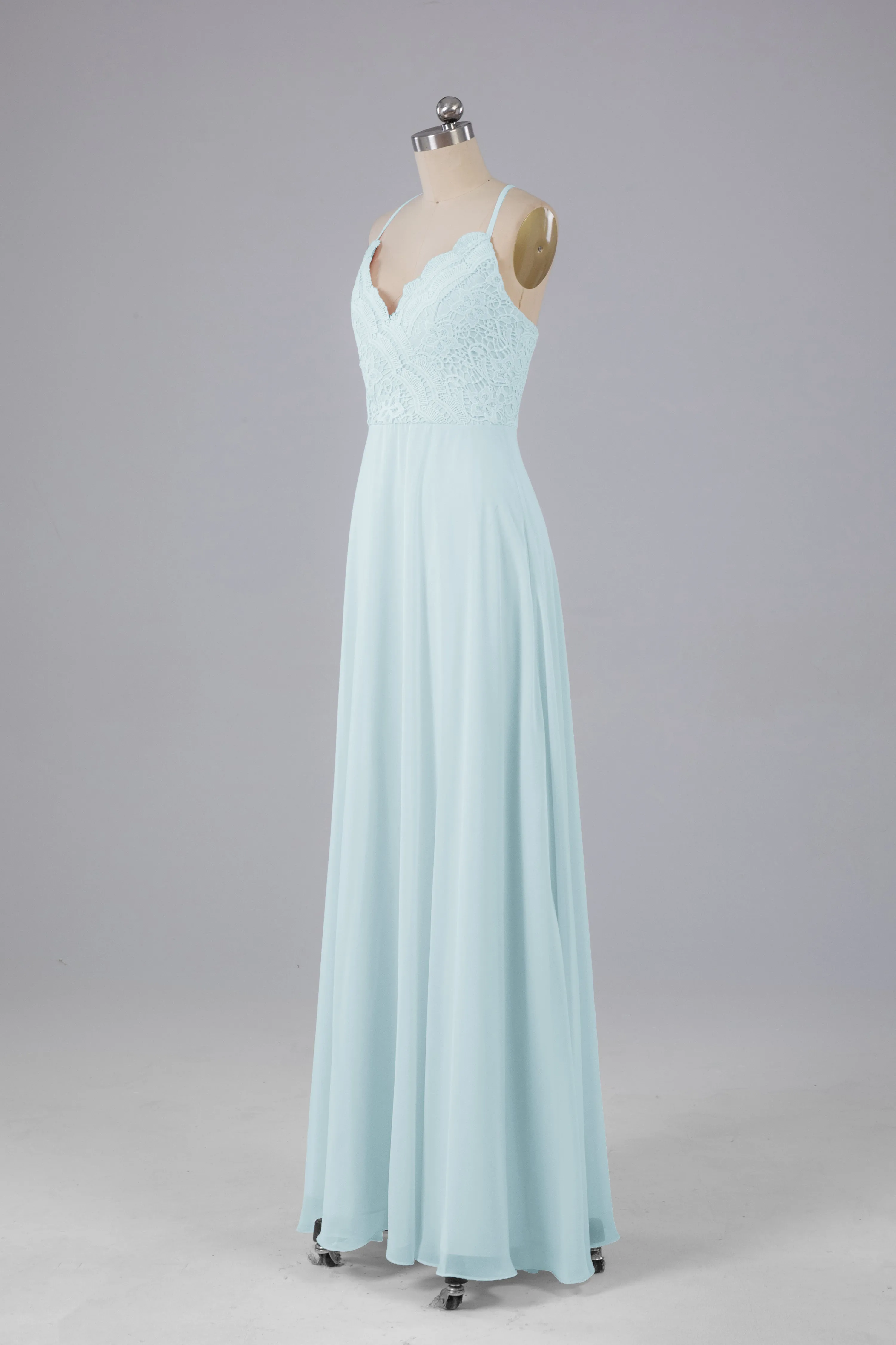 Backless Spaghetti Straps Lace Bridesmaid Dresses