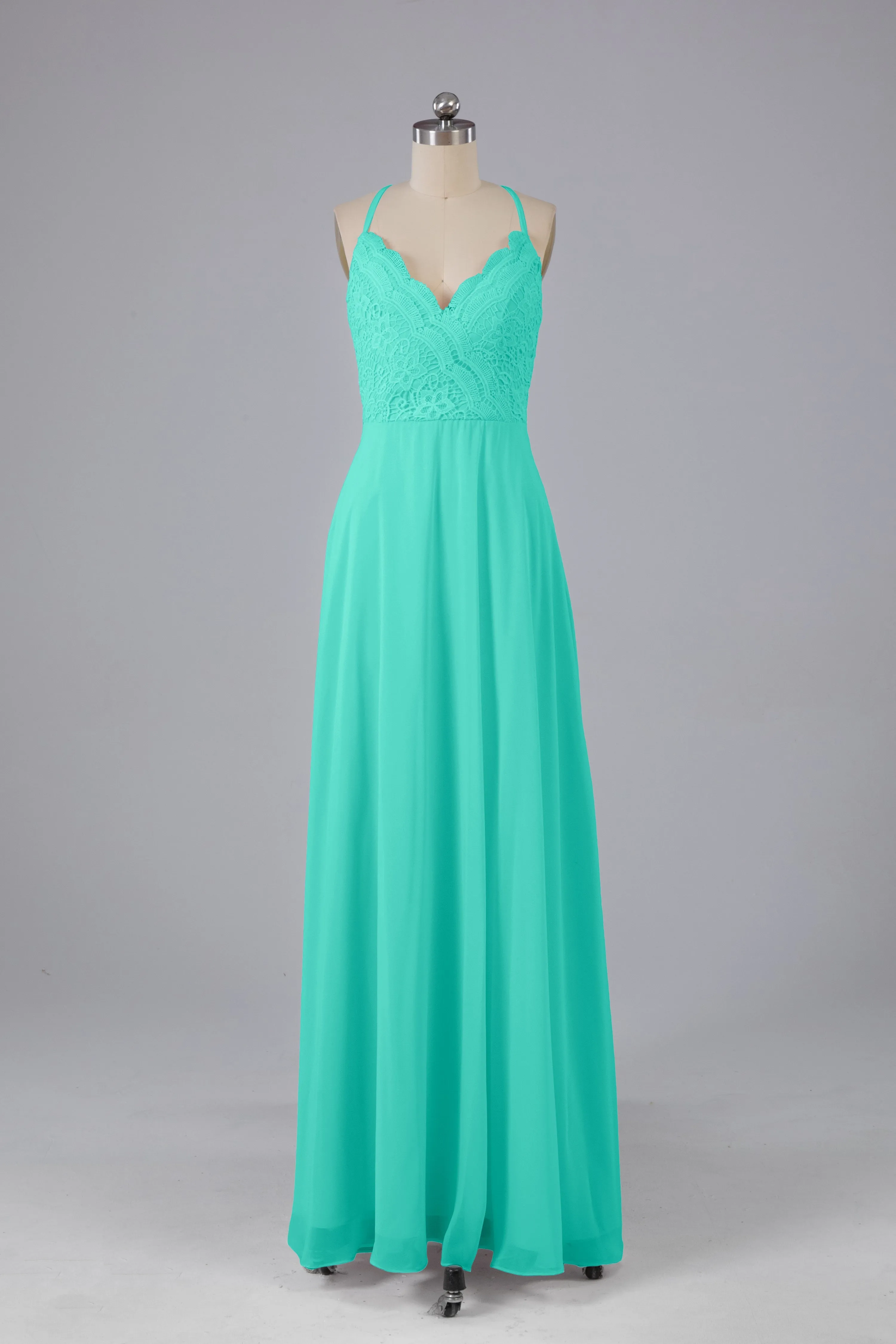 Backless Spaghetti Straps Lace Bridesmaid Dresses