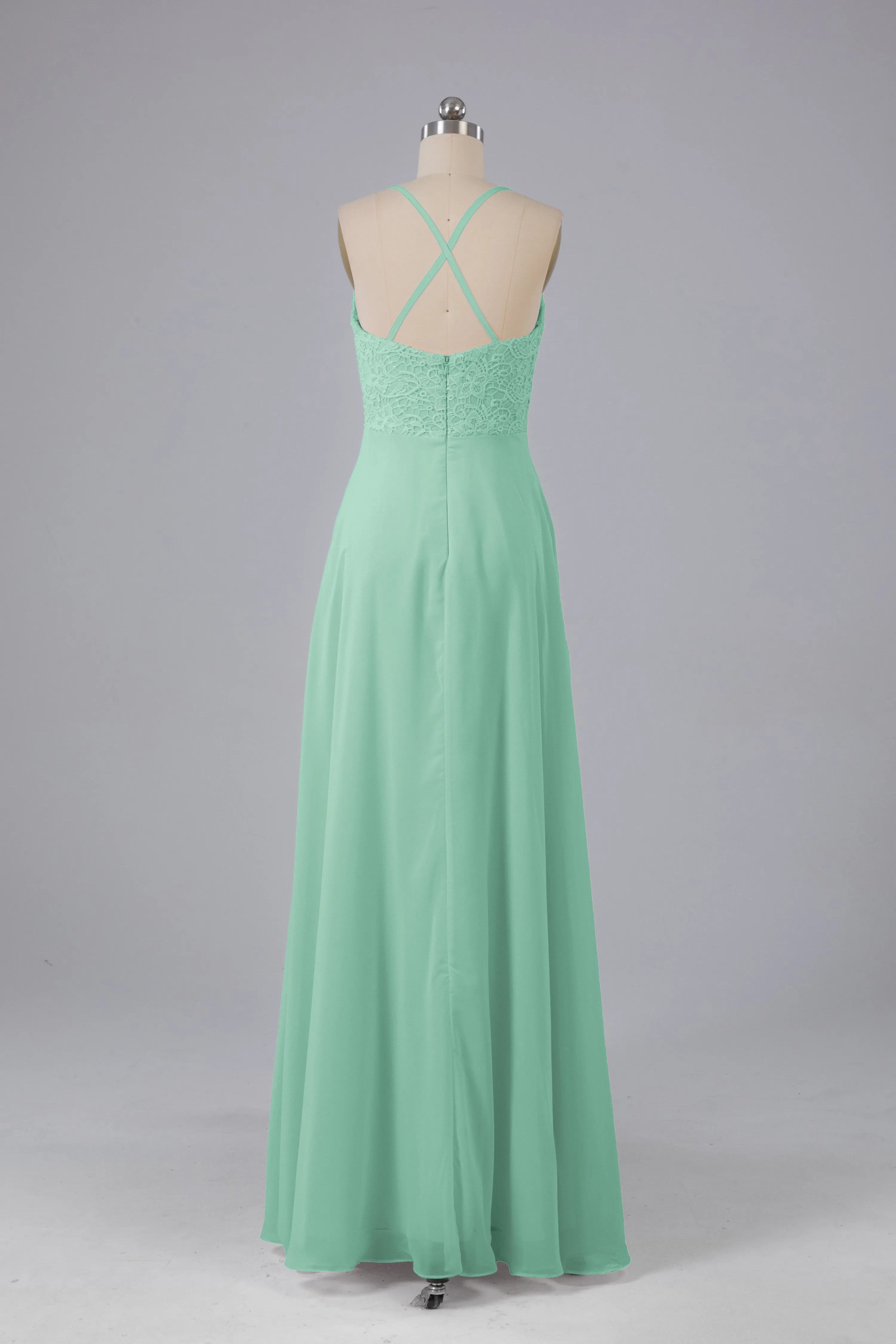Backless Spaghetti Straps Lace Bridesmaid Dresses