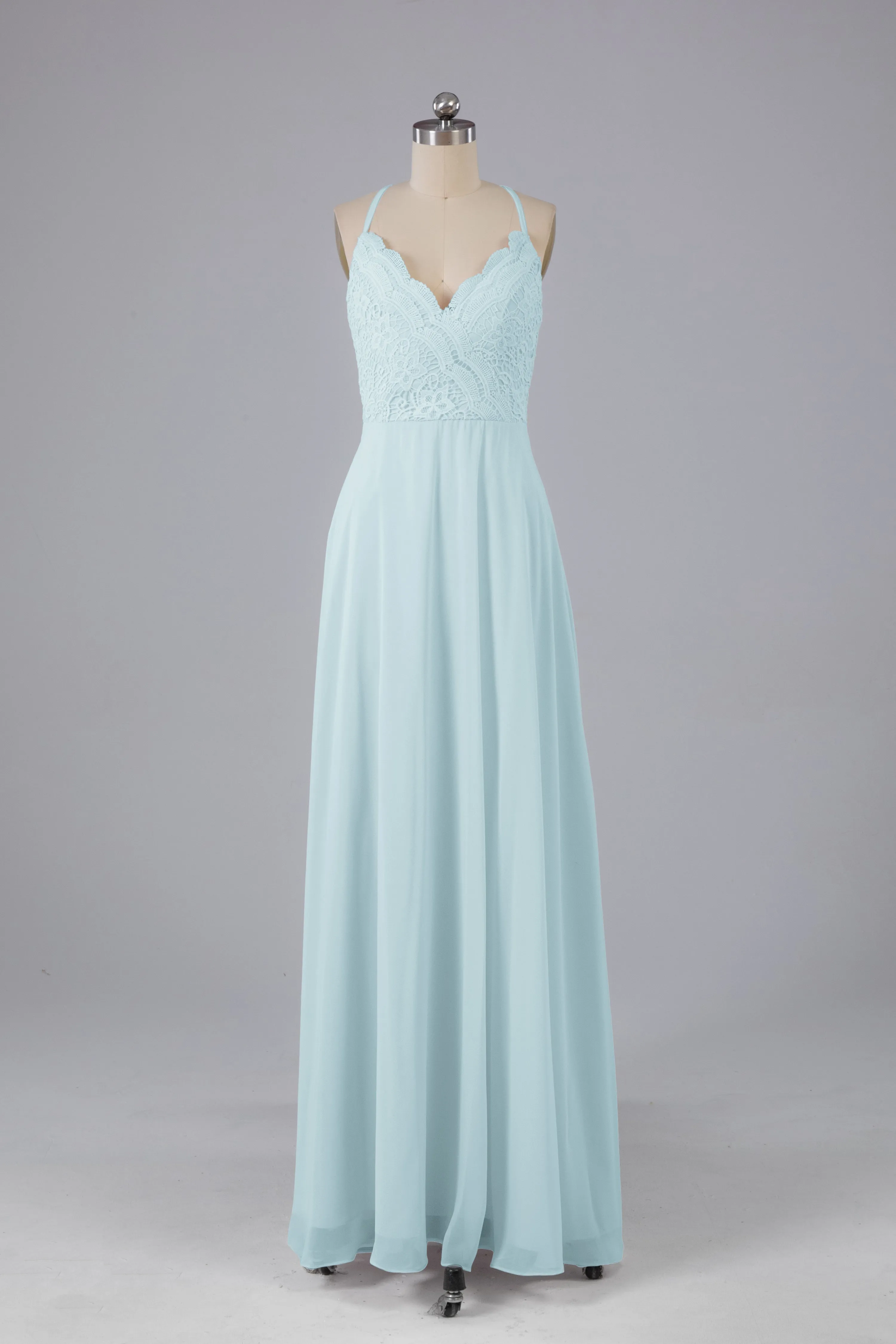 Backless Spaghetti Straps Lace Bridesmaid Dresses