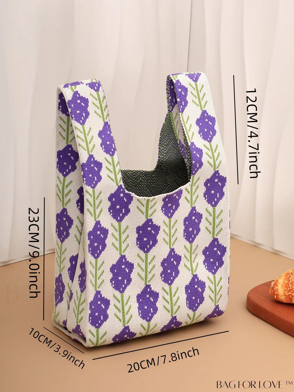 BagForLove - Portable Foldable Lavender Print Knitted Handbag - Mini Floral Tote with Double Handles