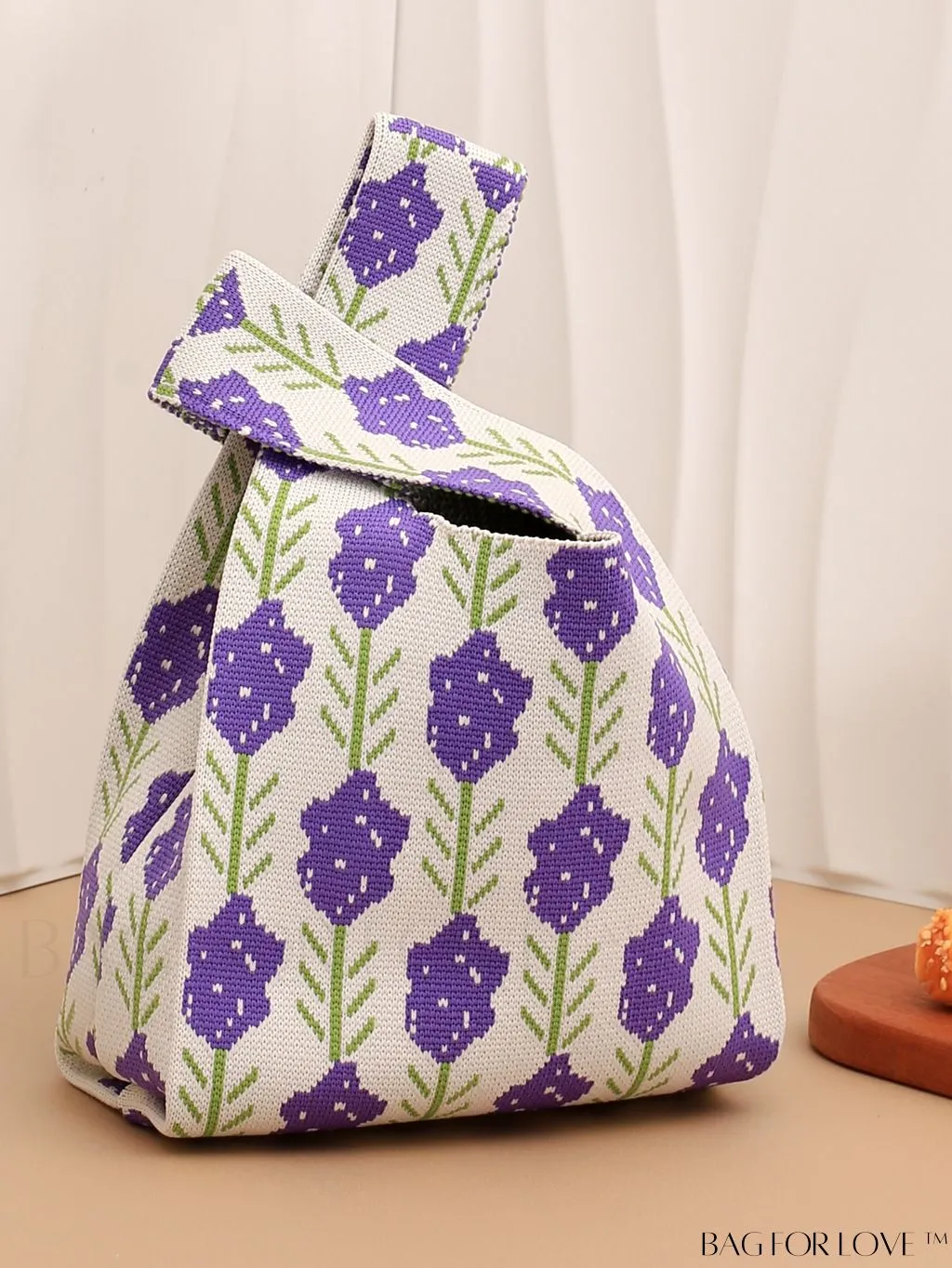 BagForLove - Portable Foldable Lavender Print Knitted Handbag - Mini Floral Tote with Double Handles