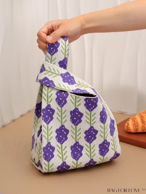 BagForLove - Portable Foldable Lavender Print Knitted Handbag - Mini Floral Tote with Double Handles