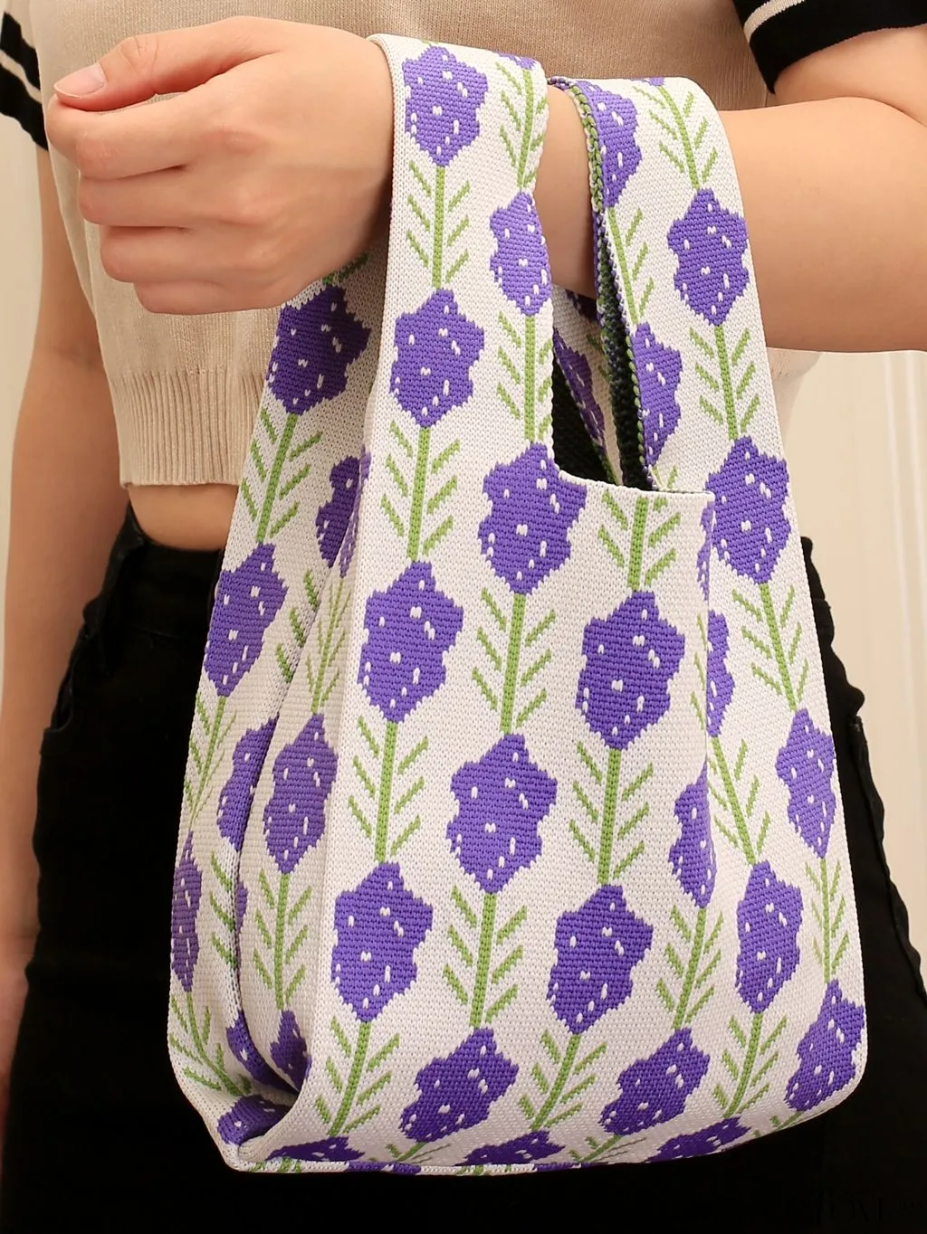 BagForLove - Portable Foldable Lavender Print Knitted Handbag - Mini Floral Tote with Double Handles