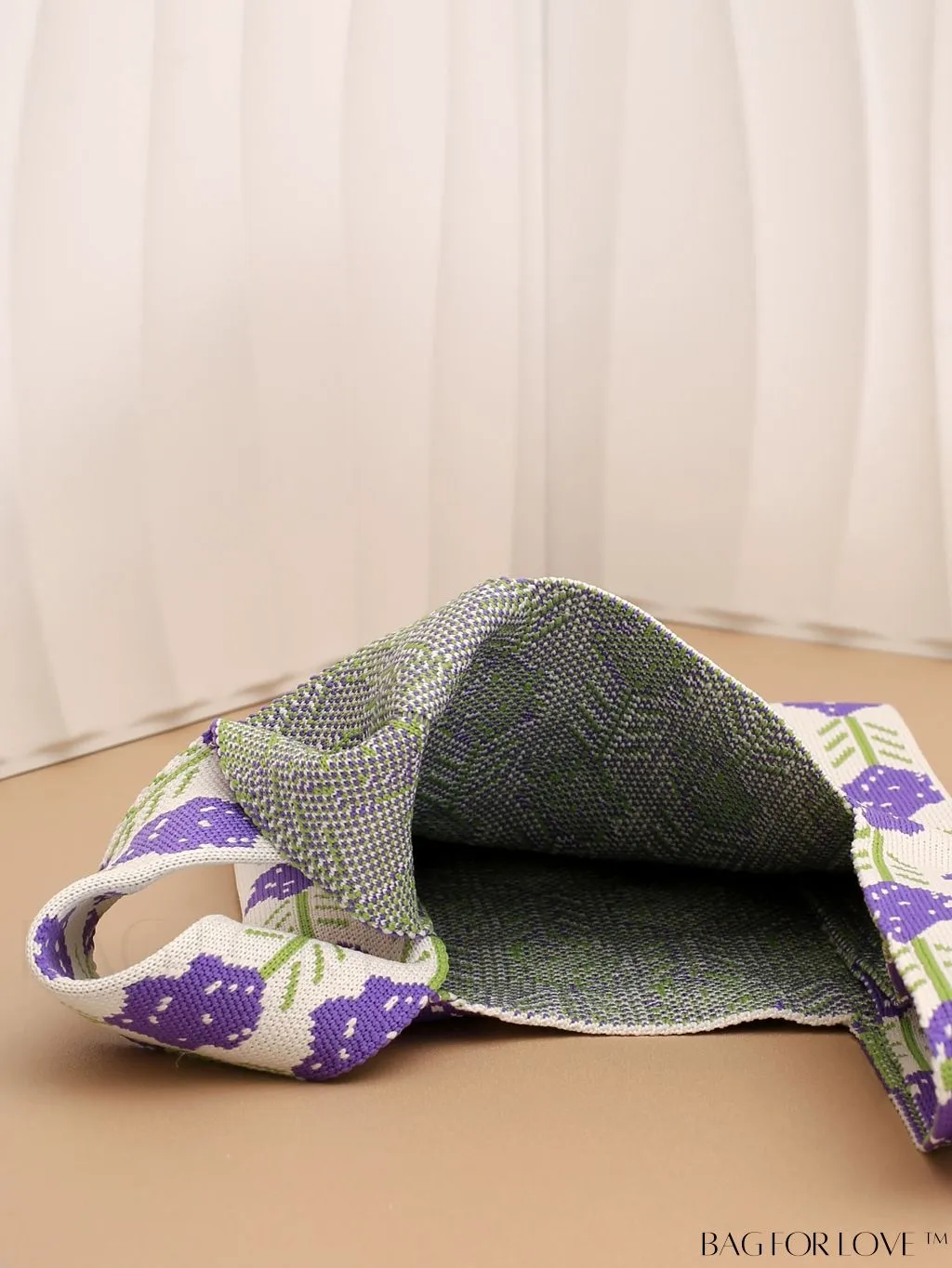 BagForLove - Portable Foldable Lavender Print Knitted Handbag - Mini Floral Tote with Double Handles