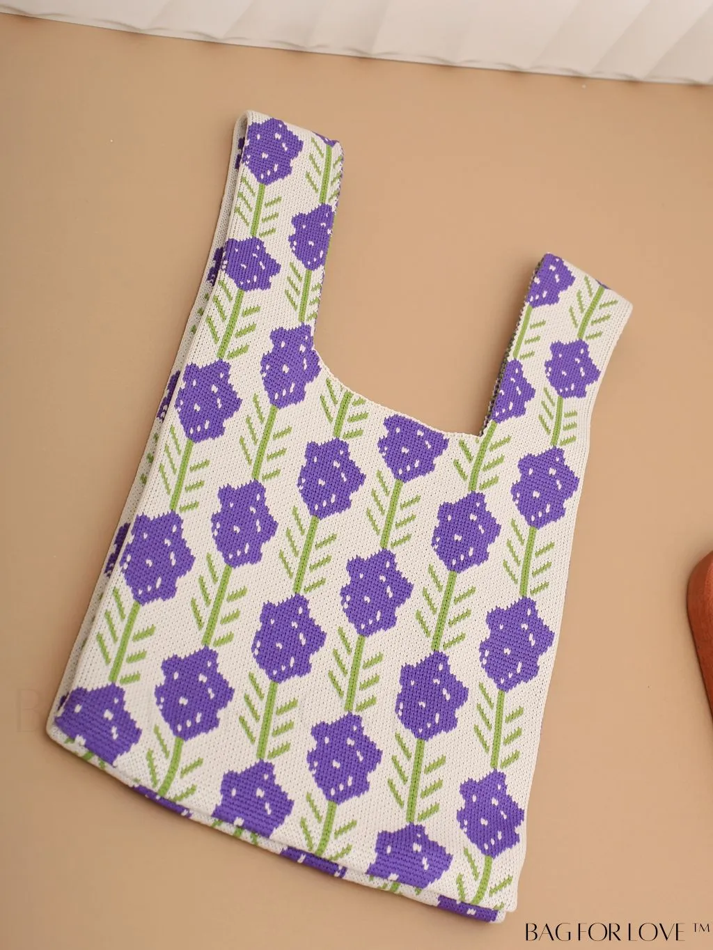 BagForLove - Portable Foldable Lavender Print Knitted Handbag - Mini Floral Tote with Double Handles
