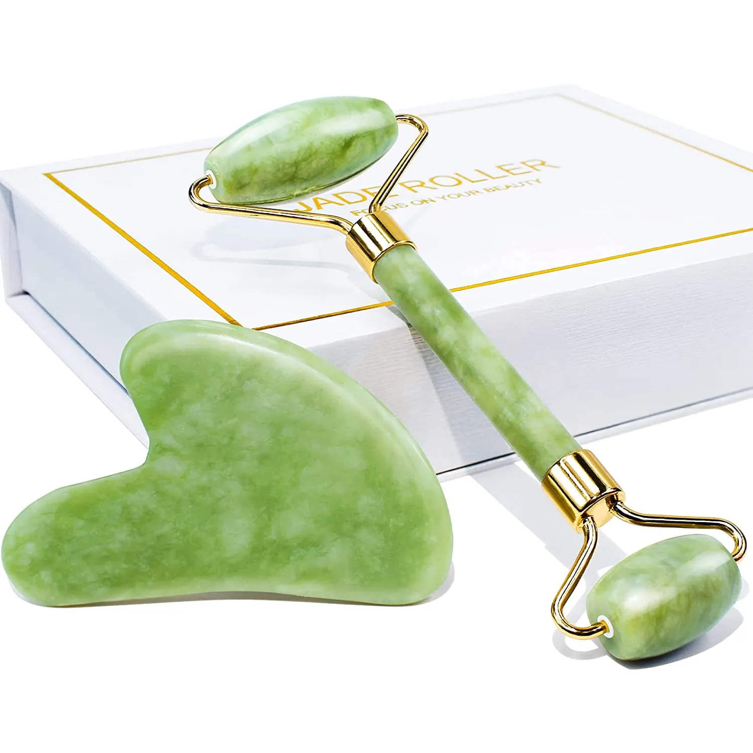 BAIMEI Jade Roller & Gua Sha Set Facial Beauty Tools, Face Roller Skin Massager for Face, Neck and Eye Treatment Facial Roller for Skin Care Routine