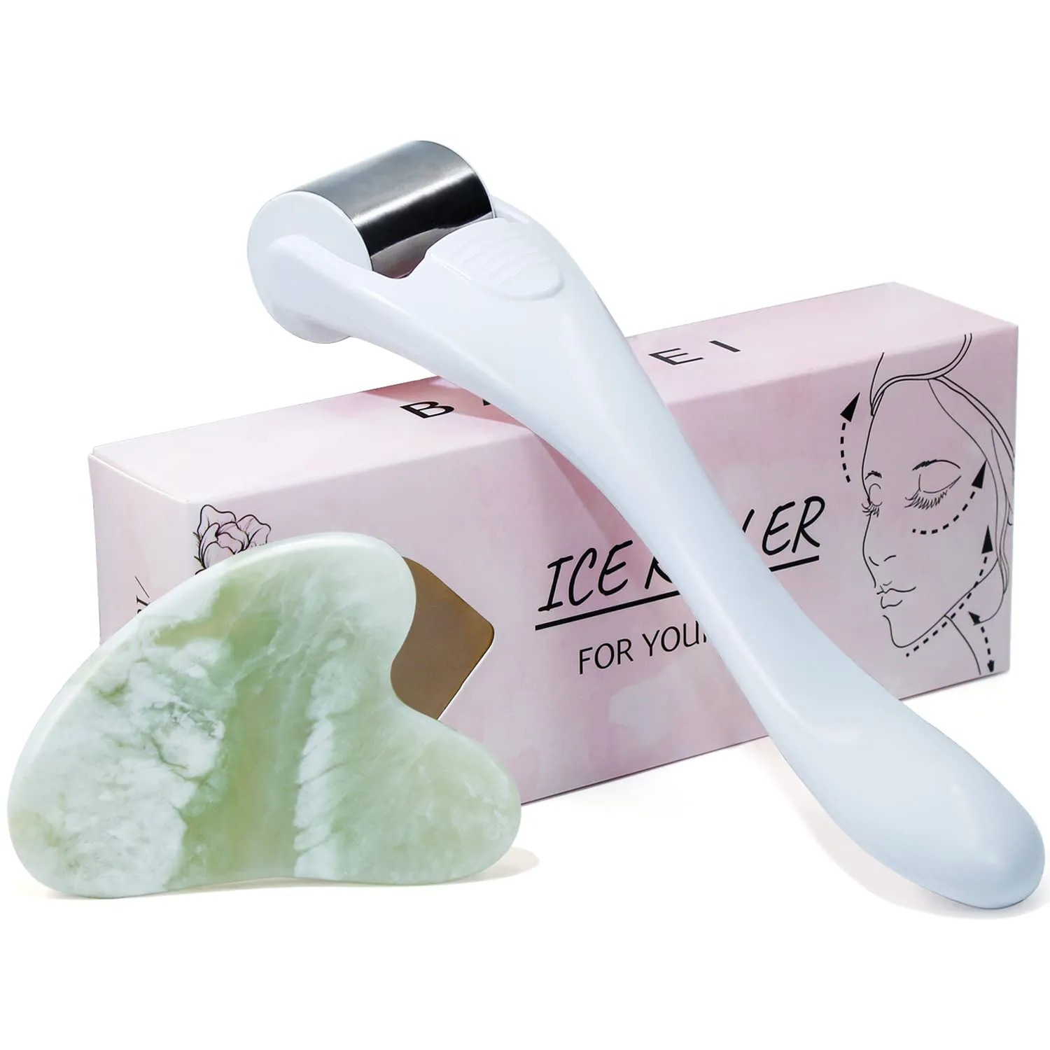 BAIMEI Jade Roller & Gua Sha Set Facial Beauty Tools, Face Roller Skin Massager for Face, Neck and Eye Treatment Facial Roller for Skin Care Routine