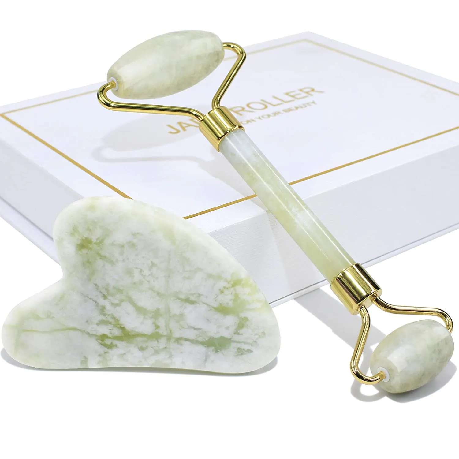 BAIMEI Jade Roller & Gua Sha Set Facial Beauty Tools, Face Roller Skin Massager for Face, Neck and Eye Treatment Facial Roller for Skin Care Routine