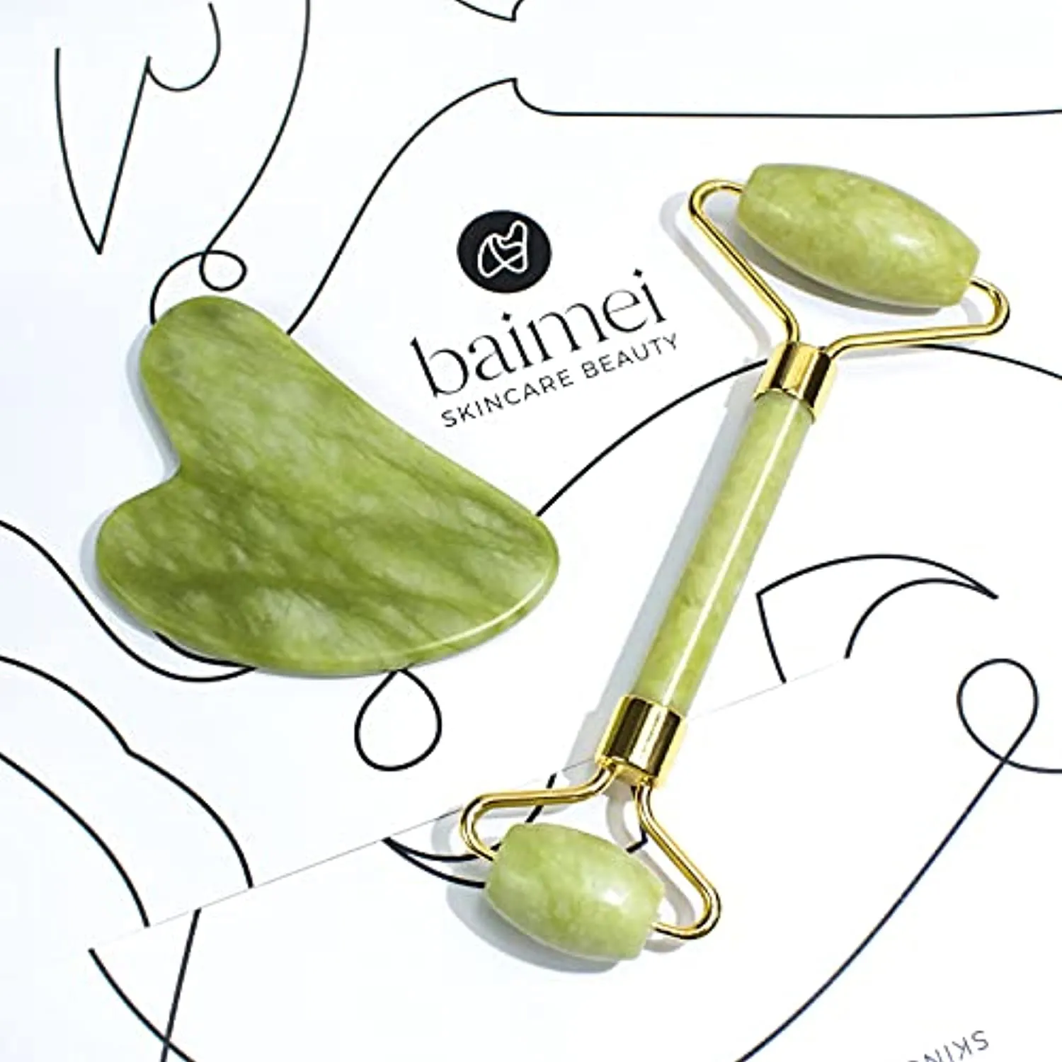 BAIMEI Jade Roller & Gua Sha Set Facial Beauty Tools, Face Roller Skin Massager for Face, Neck and Eye Treatment Facial Roller for Skin Care Routine