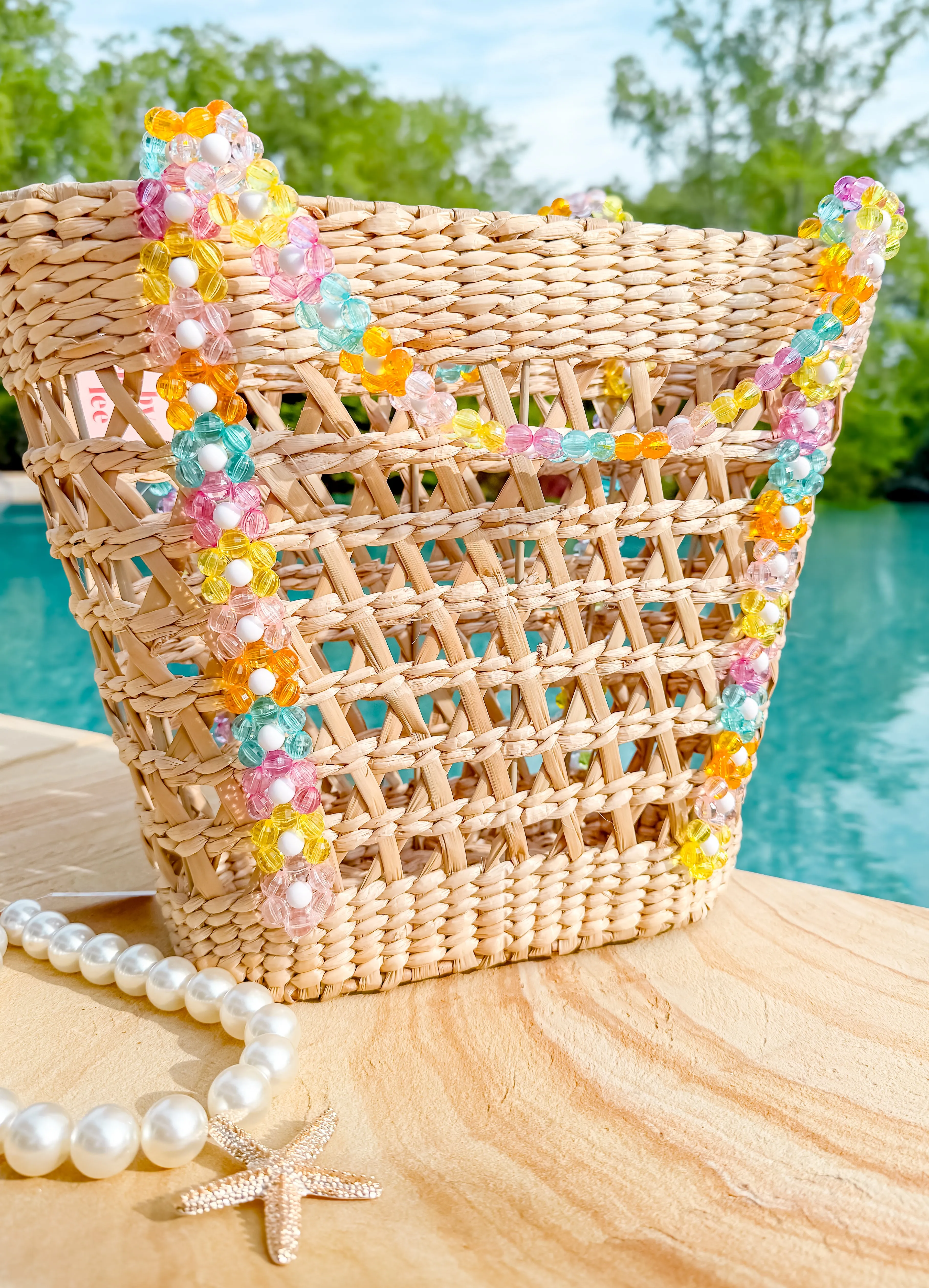 Beaded Beach Basket Tote