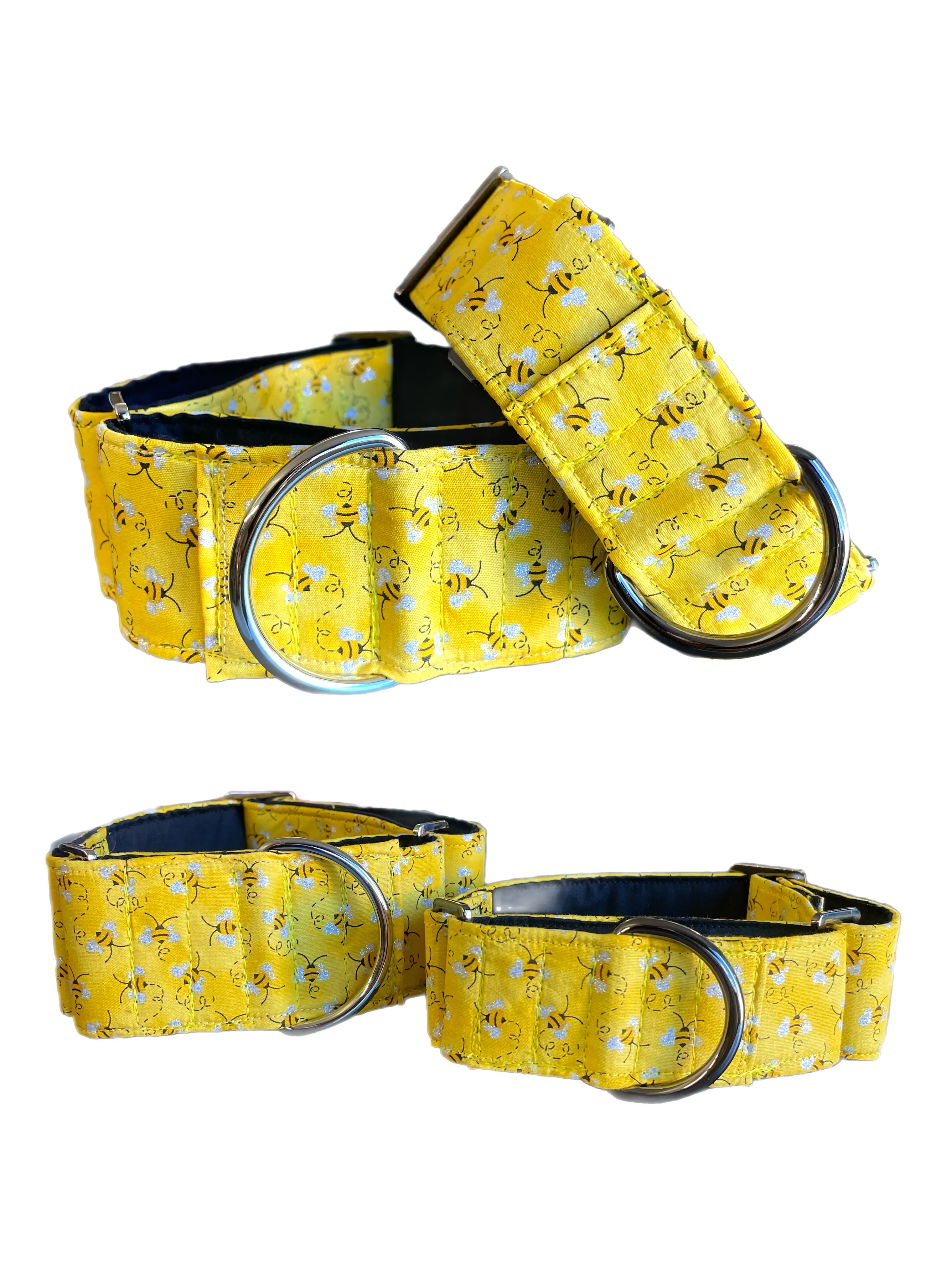 Bee happy yellow sparkles greyhound whippet Martingale collar cotton covered 50mm width super soft