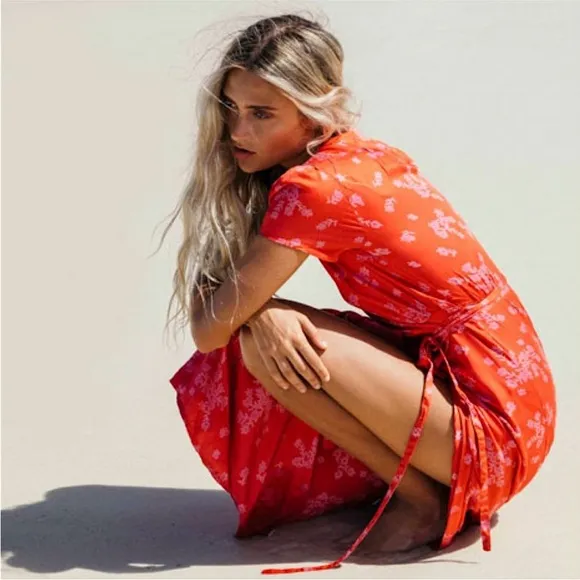 Billabong Red Floral Blossom Midi Wrap Dress