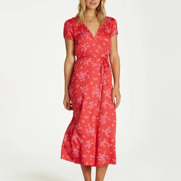 Billabong Red Floral Blossom Midi Wrap Dress