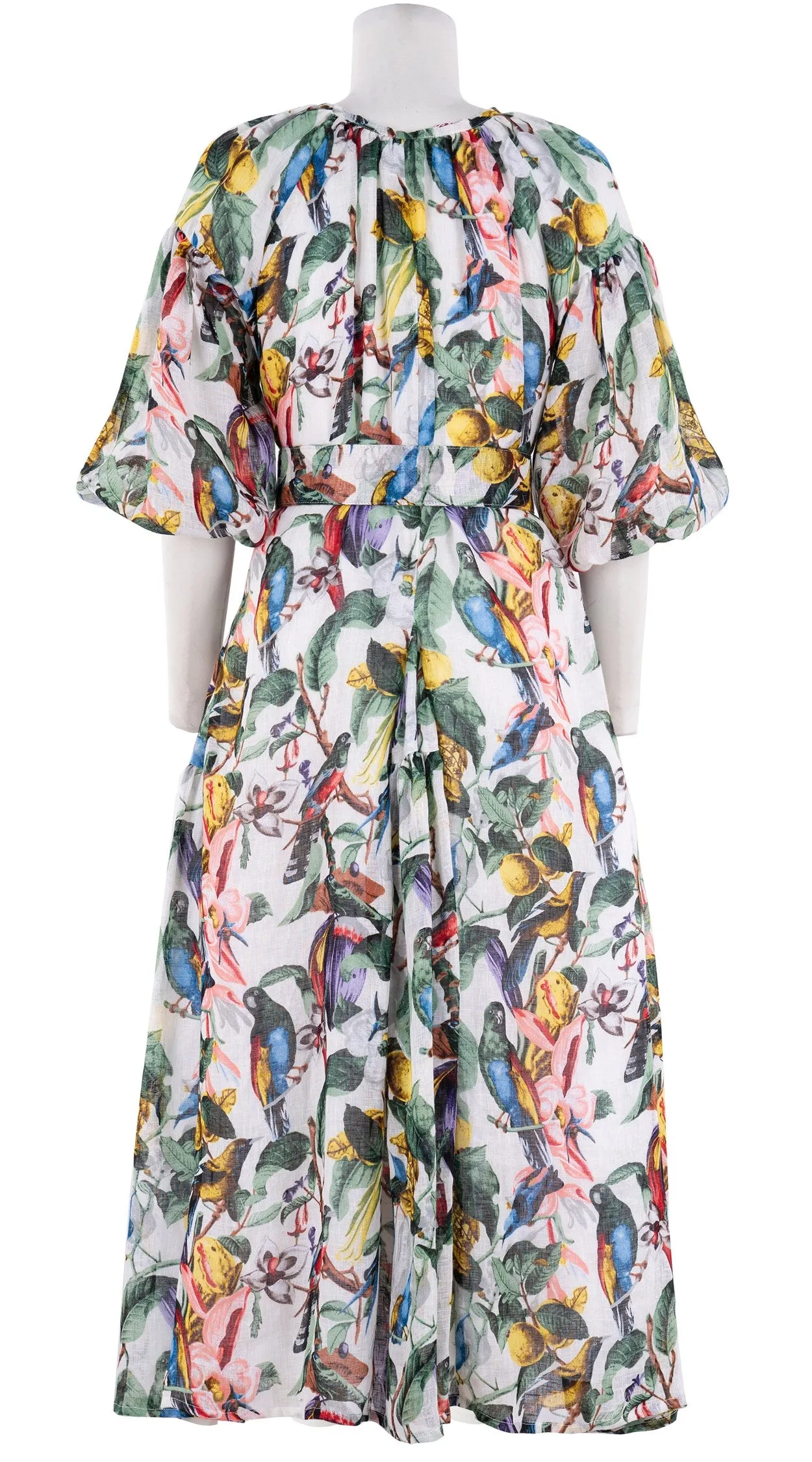 Birdy Dress #1 Crew Neck 3/4 Puff Sleeve with Hamilton Belt Midi Plus Length Linen (Blue Bird)