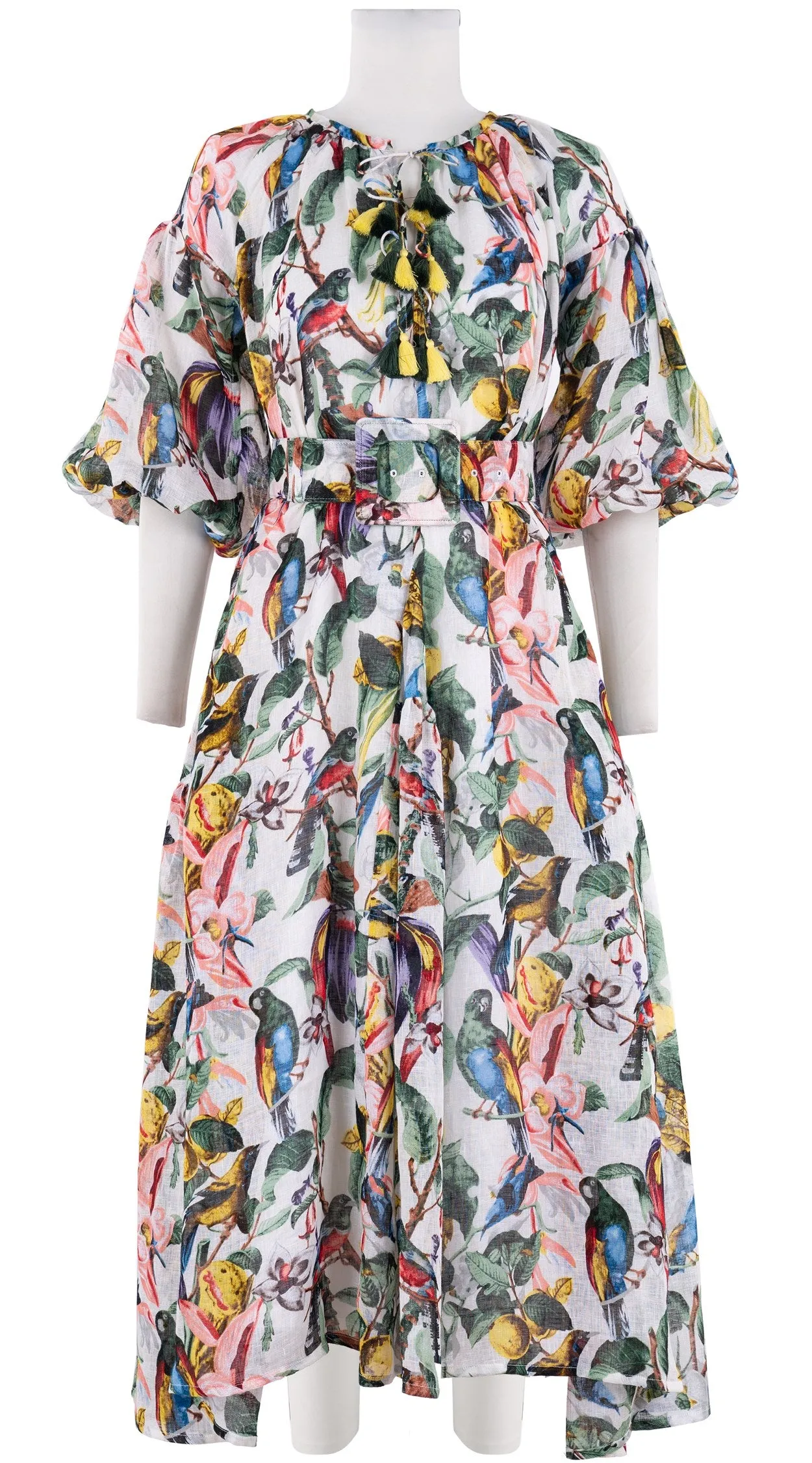 Birdy Dress #1 Crew Neck 3/4 Puff Sleeve with Hamilton Belt Midi Plus Length Linen (Blue Bird)