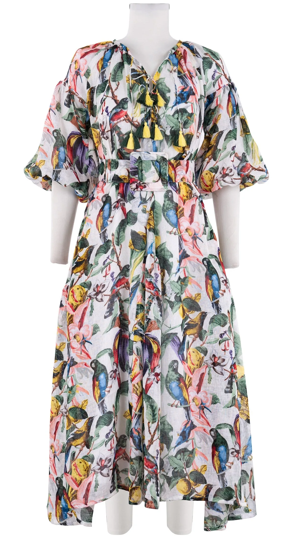 Birdy Dress #1 Crew Neck 3/4 Puff Sleeve with Hamilton Belt Midi Plus Length Linen (Blue Bird)
