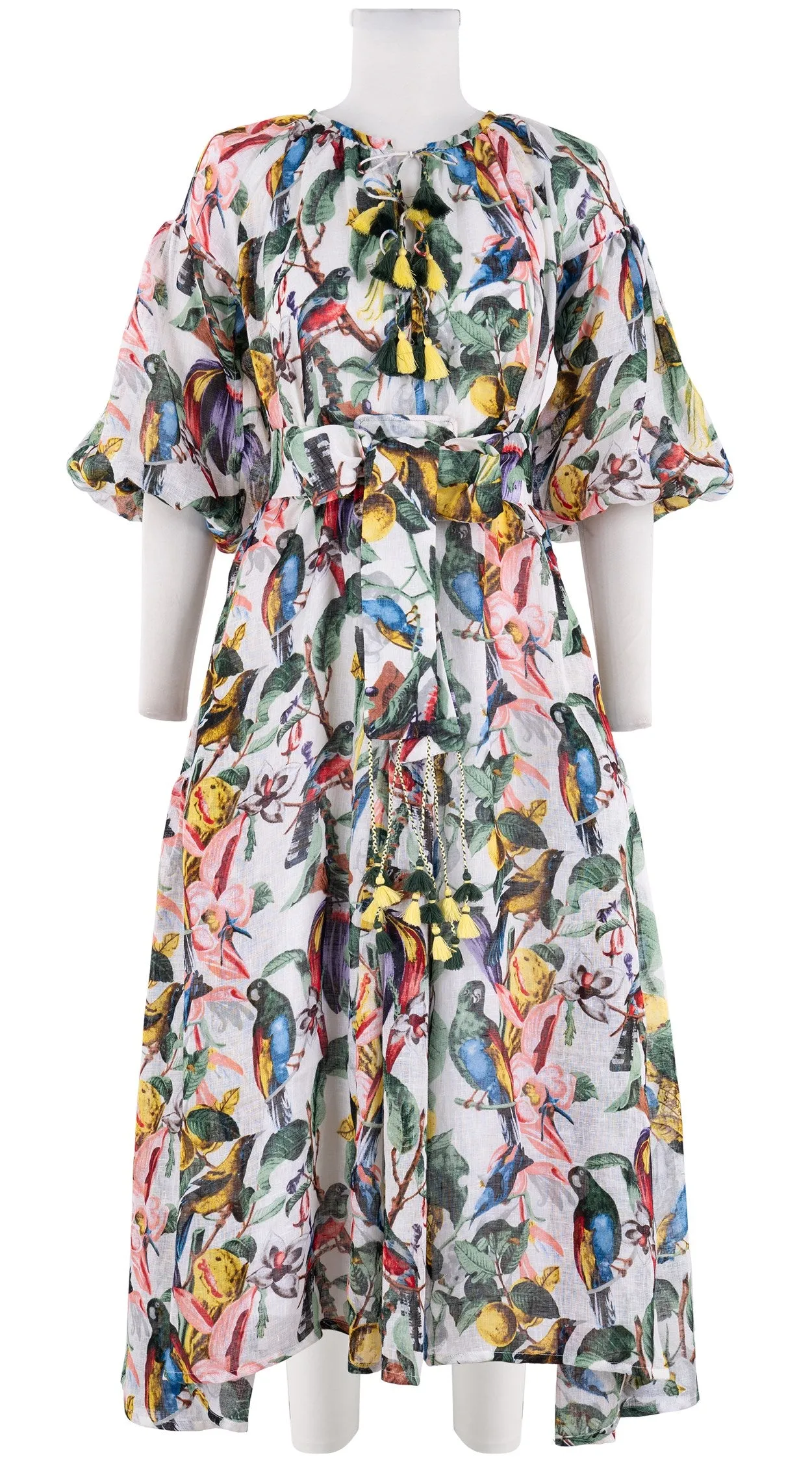Birdy Dress #1 Crew Neck 3/4 Puff Sleeve with Hamilton Belt Midi Plus Length Linen (Blue Bird)