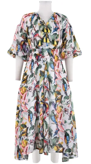 Birdy Dress #1 Crew Neck 3/4 Puff Sleeve with Hamilton Belt Midi Plus Length Linen (Blue Bird)